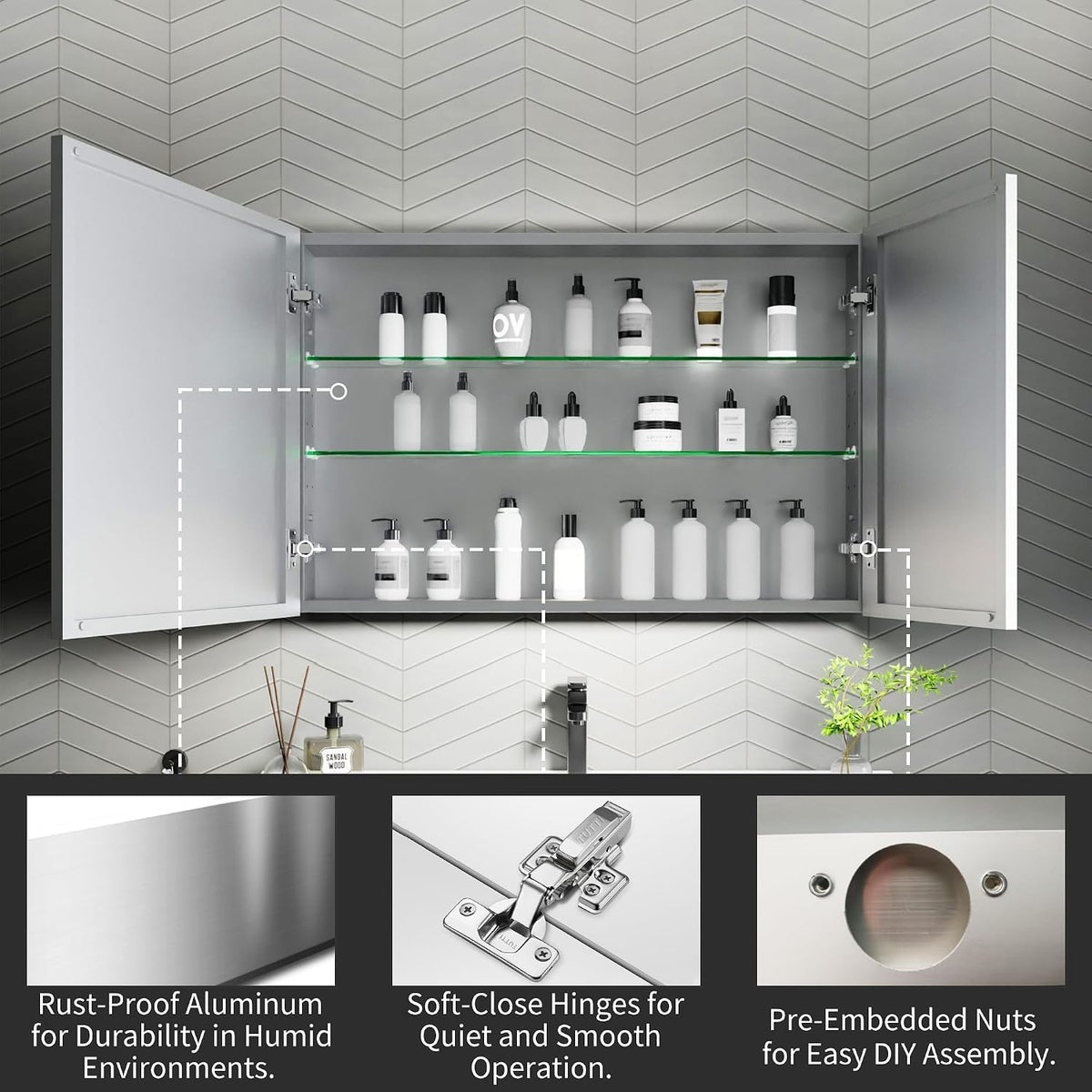 Open cabinet interior showing two adjustable glass shelves with soft‑close hinge and pre‑embedded nut close‑ups