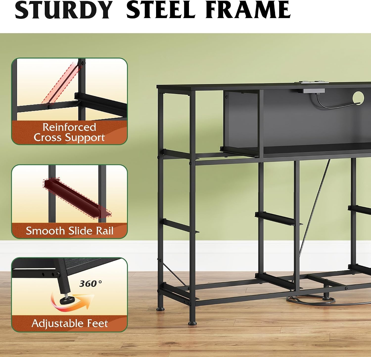 Detail view of black metal dresser frame showing open shelving, cross supports, slide rails, adjustable feet and power cable.