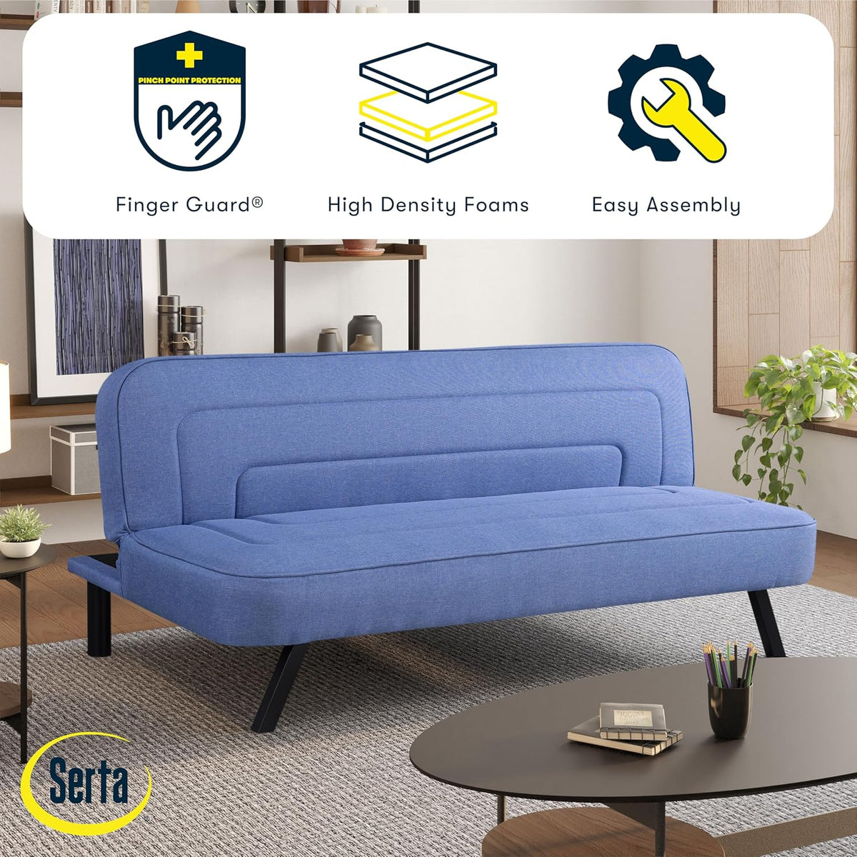Three feature icons for Finger Guard, High Density Foams, and Easy Assembly above a blue futon sofa