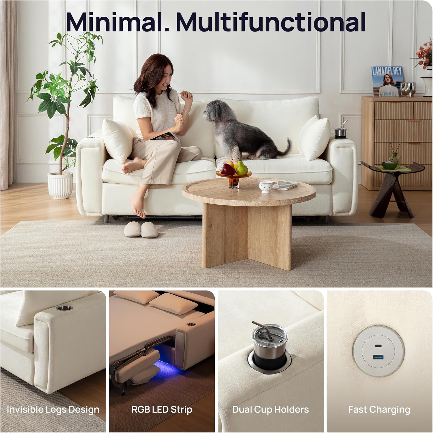 White sofa in a living room with a woman seated and a small dog on the seat in a lifestyle setting