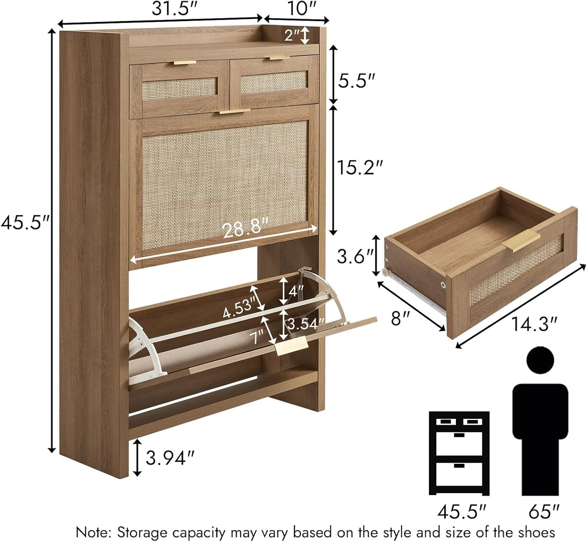 Diagram of the shoe cabinet with dimension callouts and a removable small drawer shown beside the unit