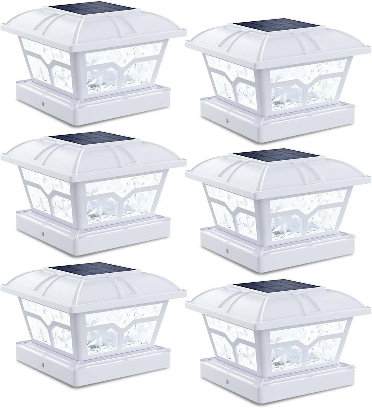 Several white post cap lights arranged in two columns, each with a solar panel and clear side panels.