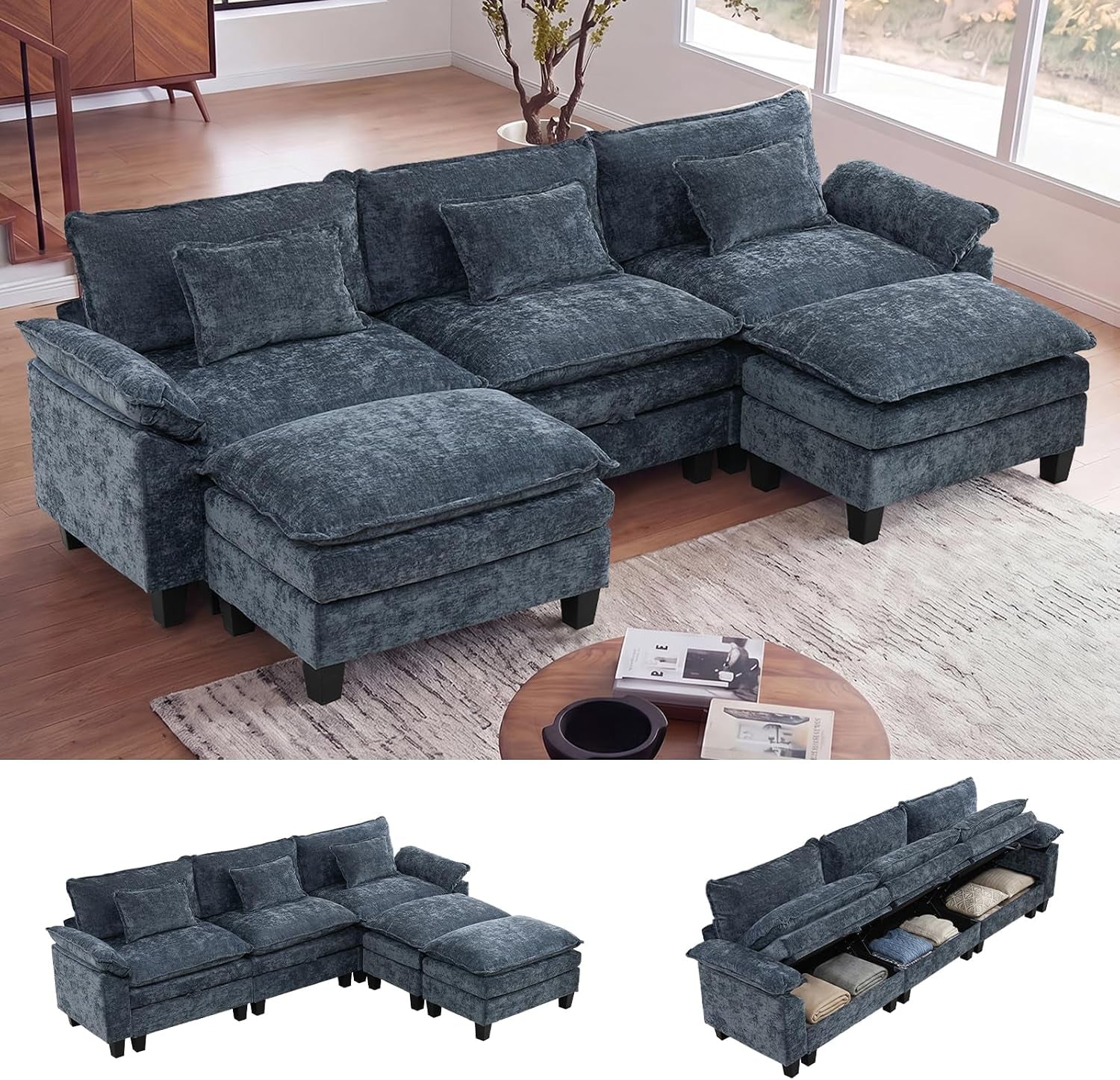 Blue-gray modular sectional with moveable ottoman in a bright living room; three inset views show L-shape and open
