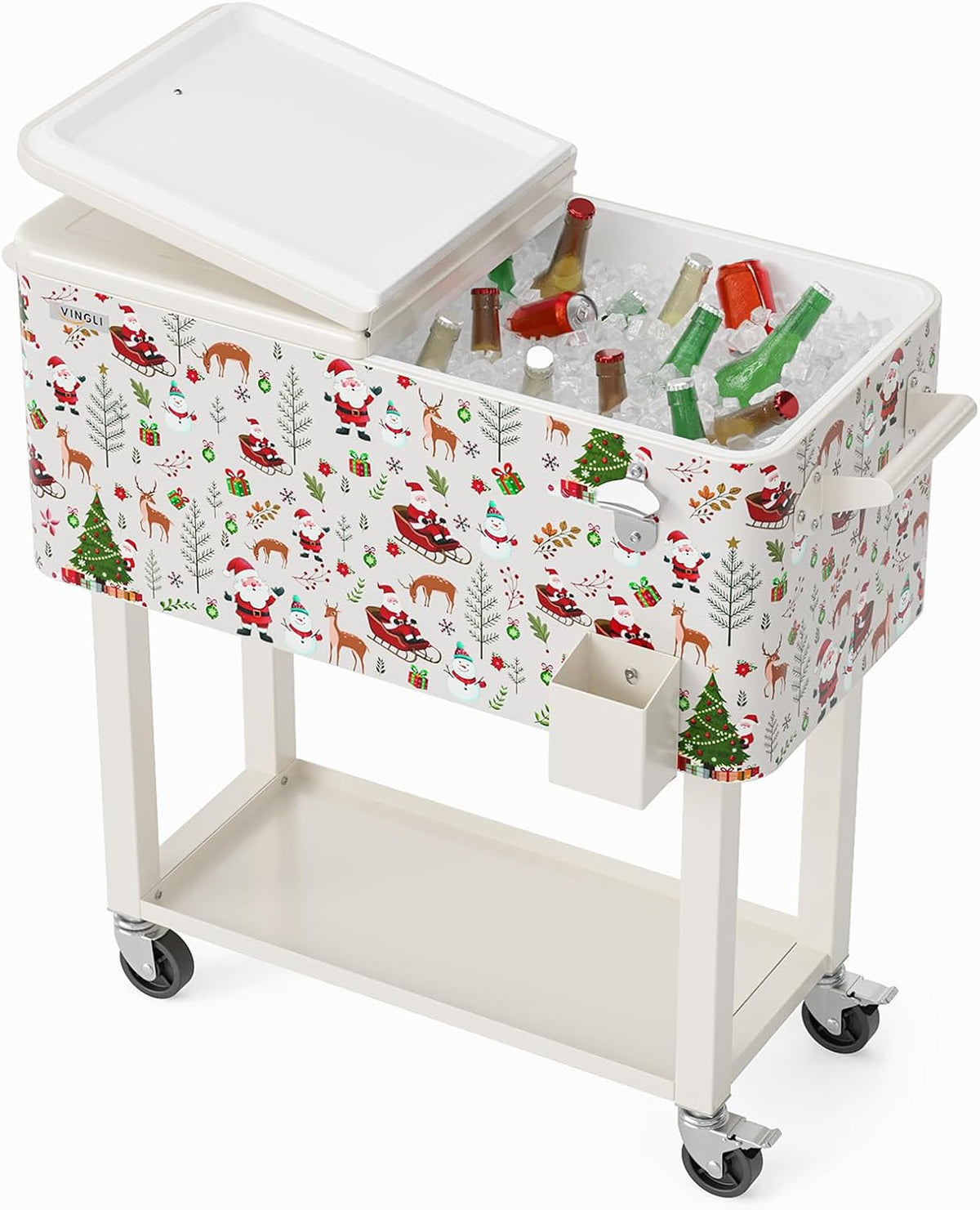 Three-quarter view of a rolling drink cooler cart with white holiday print, open lid, ice and bottles inside