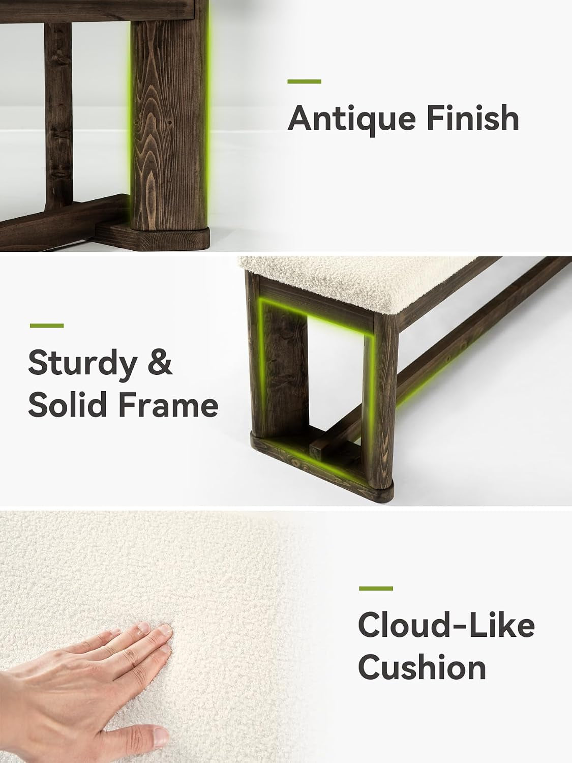 Composite of leg profile, framed bench corner and a hand pressing the cloud-like faux fur cushion