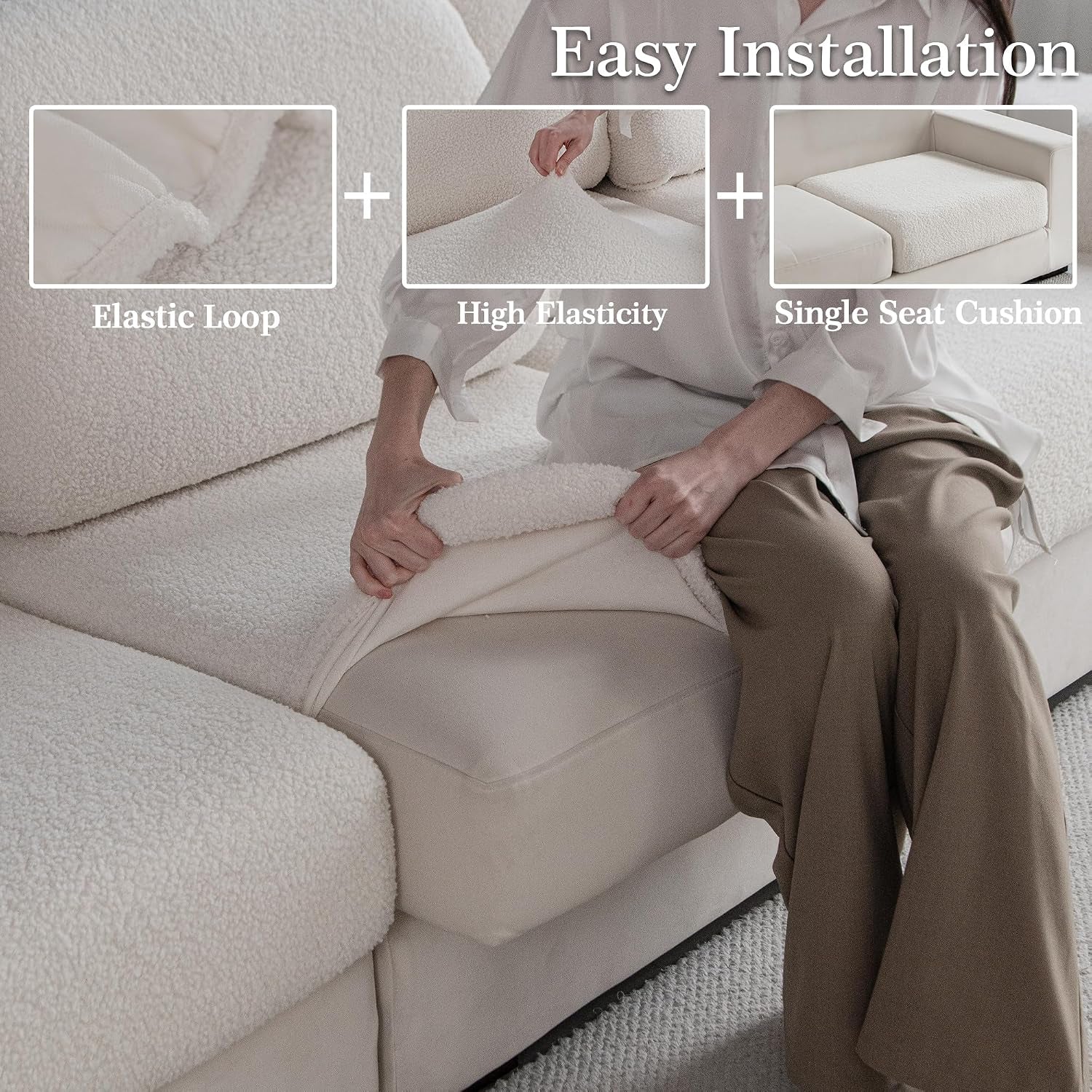 Close-up of hands stretching a textured cushion cover over a sofa seat, showing elastic loop and high-elasticity fit