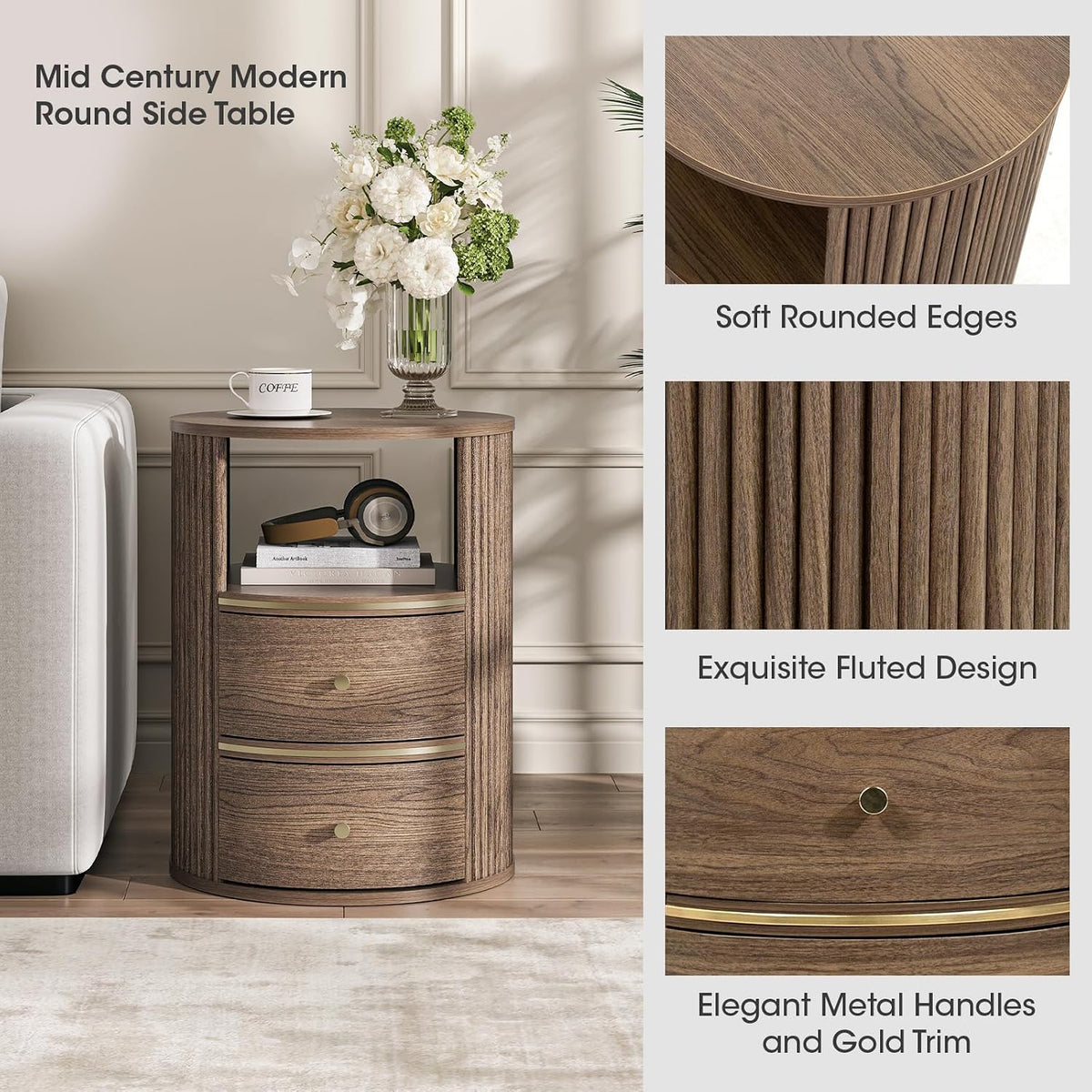 Detail collage showing fluted wood texture, soft rounded top edge and gold-accent metal handles on the round nightstand