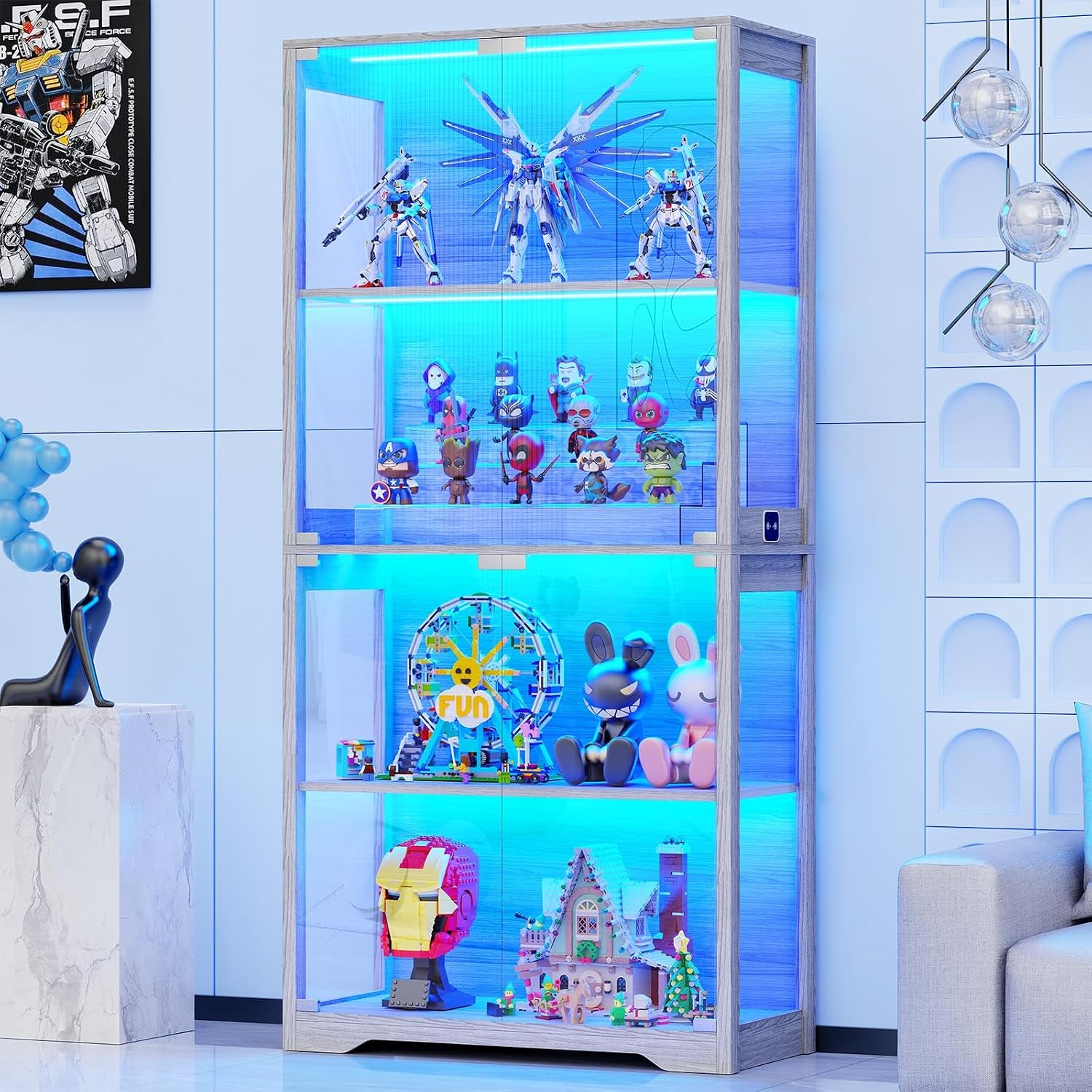Tall four-shelf gray wood display cabinet lit with blue LED lights, filled with toys and models.