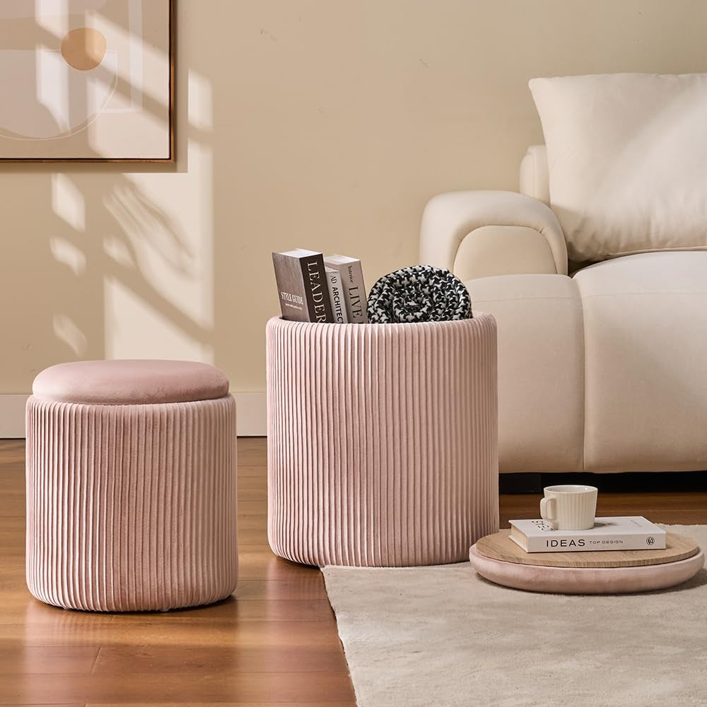 Blush pink ottoman set shown in living room with larger ottoman open to reveal storage and lid used as tabletop.