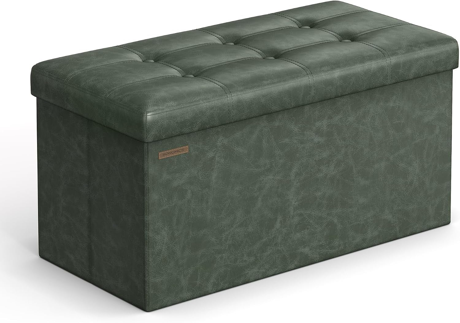 Three-quarter front view of a forest green tufted faux-leather storage bench on white background.