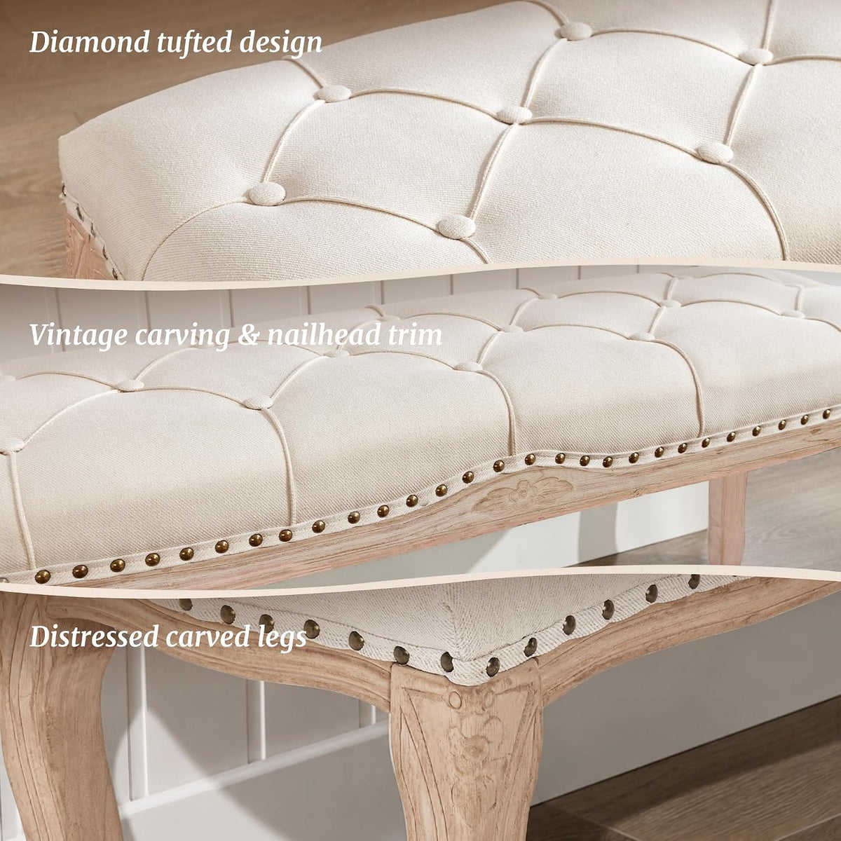 Detail view of diamond tufting and brass nailhead trim along the linen seat with distressed carved legs visible