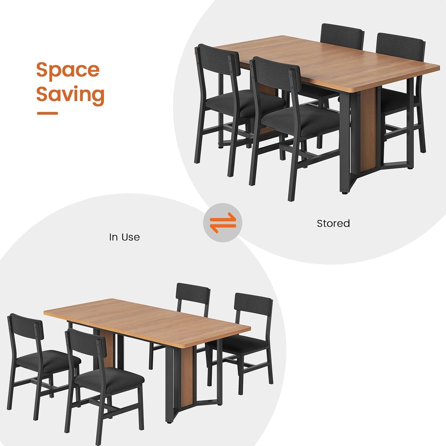 Comparison of the brown dining set expanded for use and compact with four chairs tucked under the table.