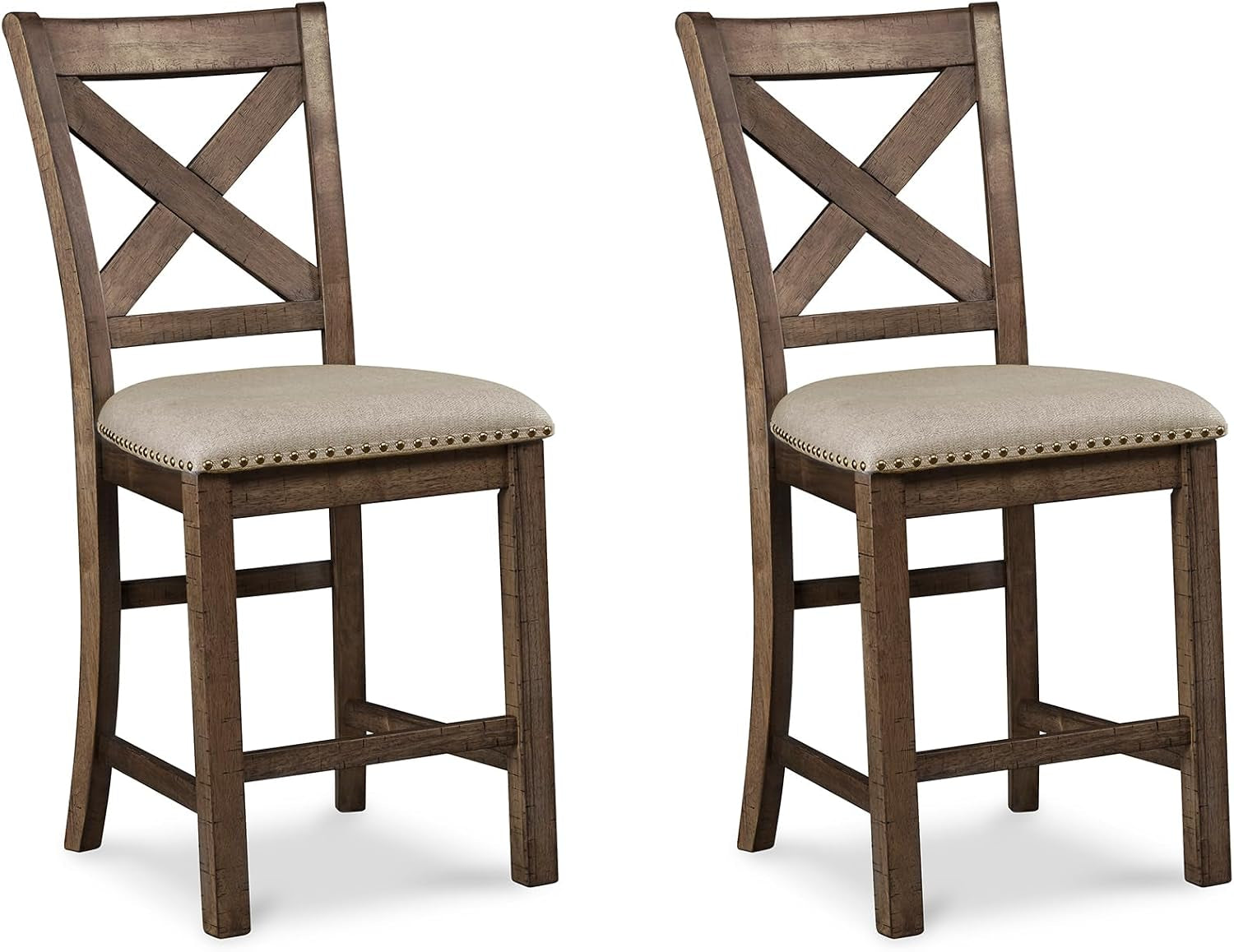 Two beige upholstered counter-height bar stools with distressed nutmeg wood frames angled front view