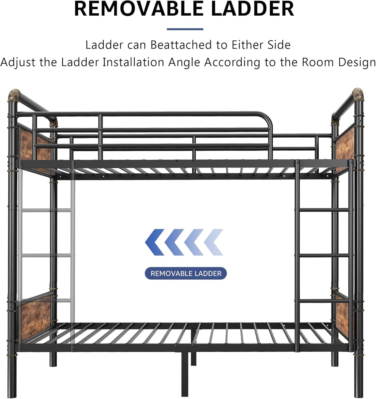 Bunk bed frame front view highlighting a removable ladder that can attach to either side