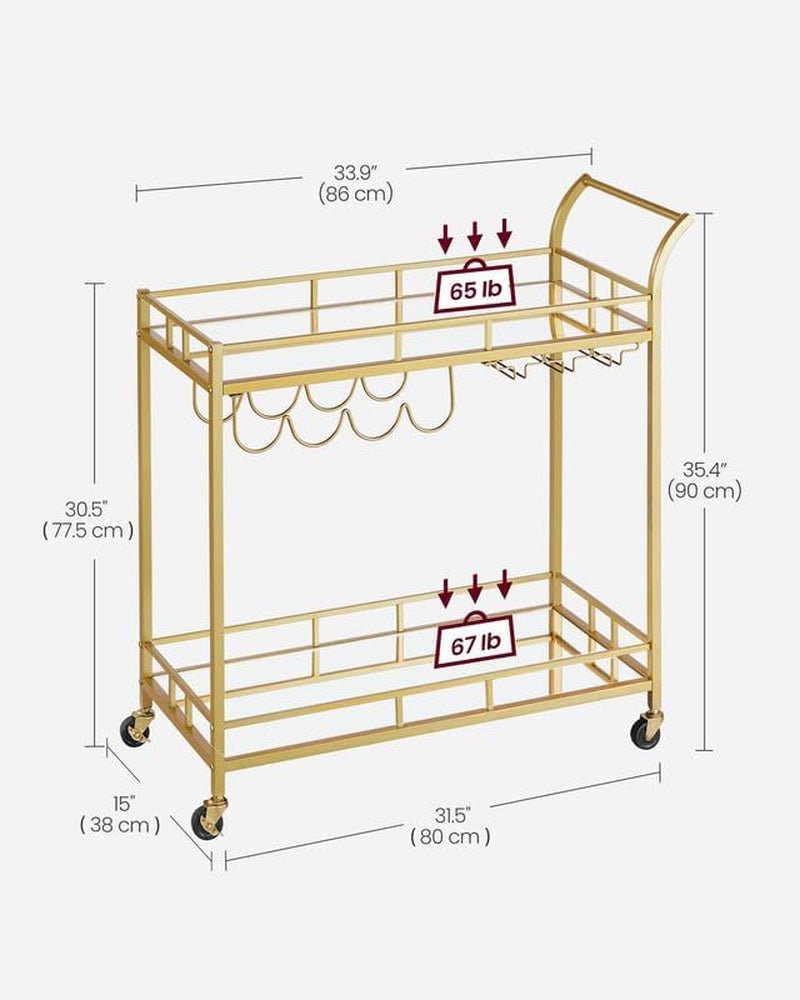 Illustration of the gold bar cart with arrows and measurements showing top and bottom shelf areas
