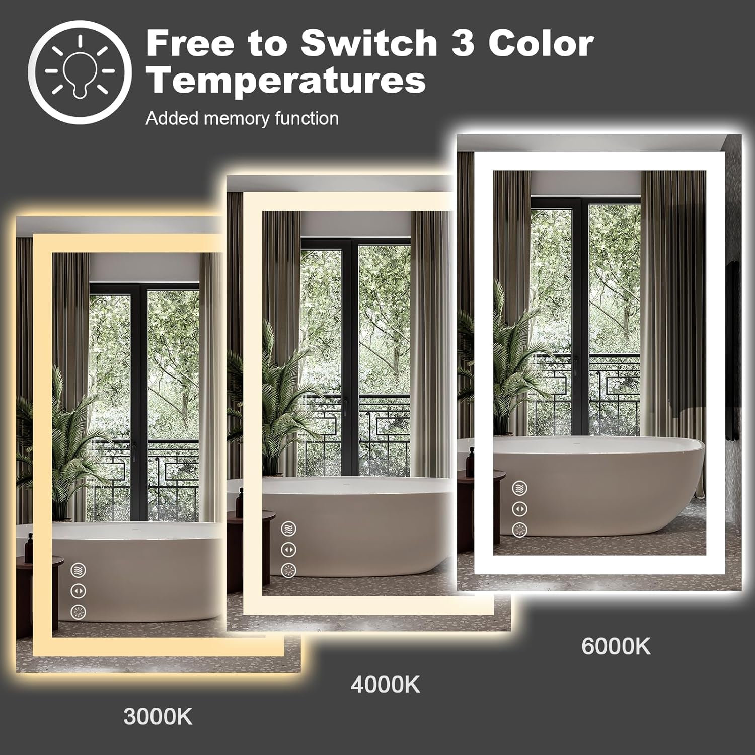 Three mirrors showing 3000K, 4000K and 6000K color temperatures in a bathroom scene with a freestanding tub