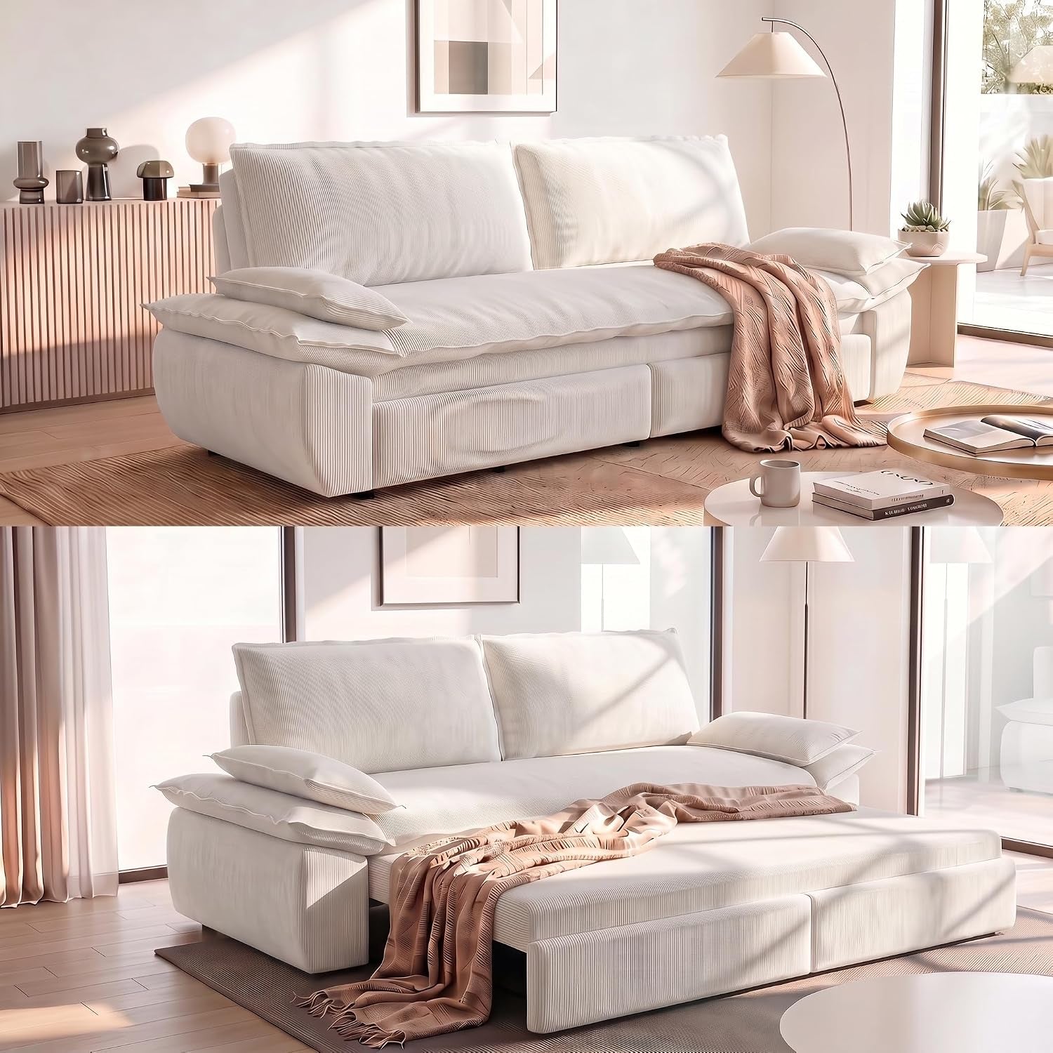 Beige corduroy 3-seat sofa shown in living room angled front view with throw blanket