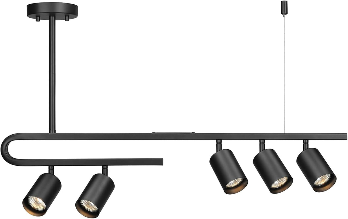 Black ceiling-mounted track light with four adjustable cylindrical heads on a horizontal bar and a suspension stem