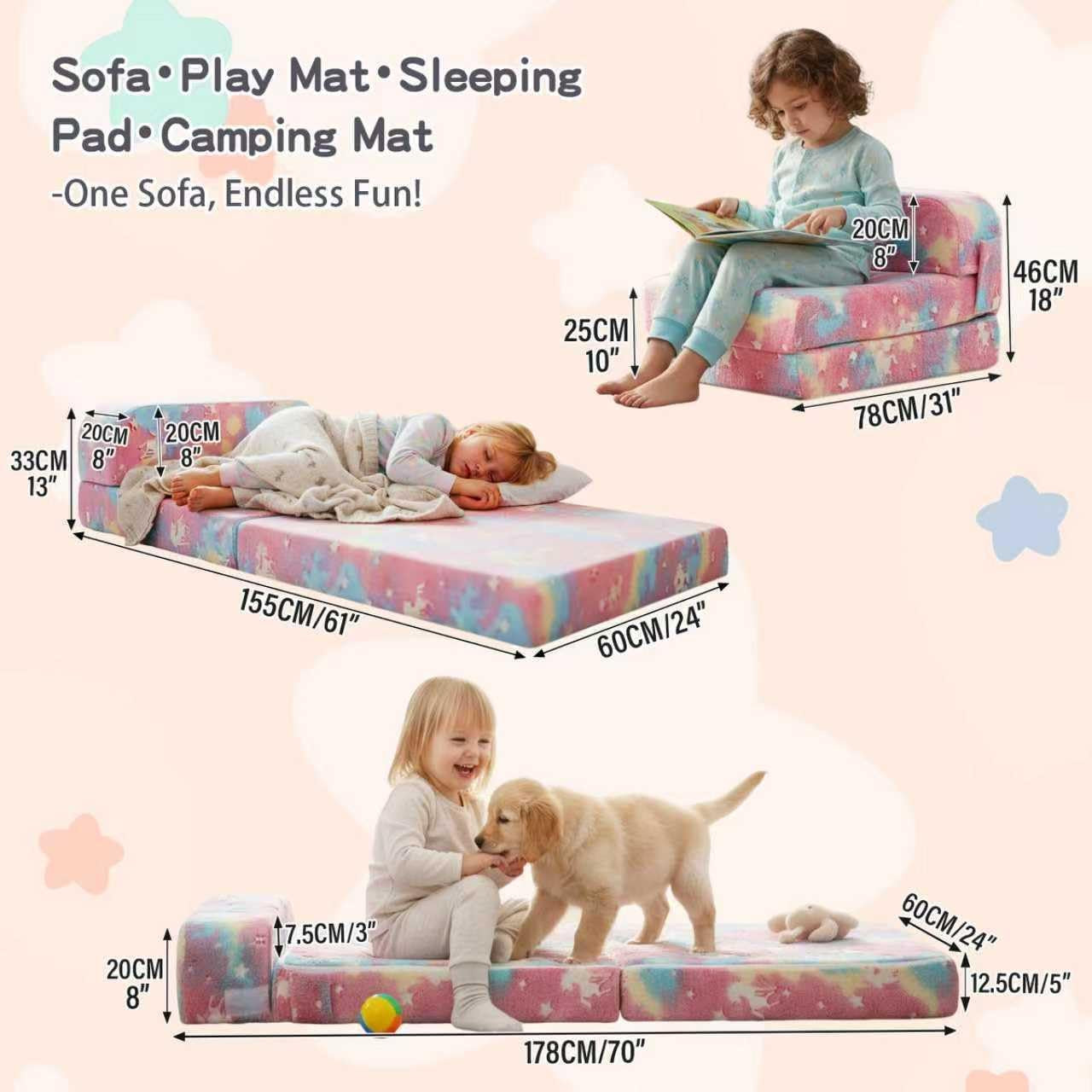 Diagram-style image showing the sofa unfolded and folded with children and puppies nearby and measurement callouts over the