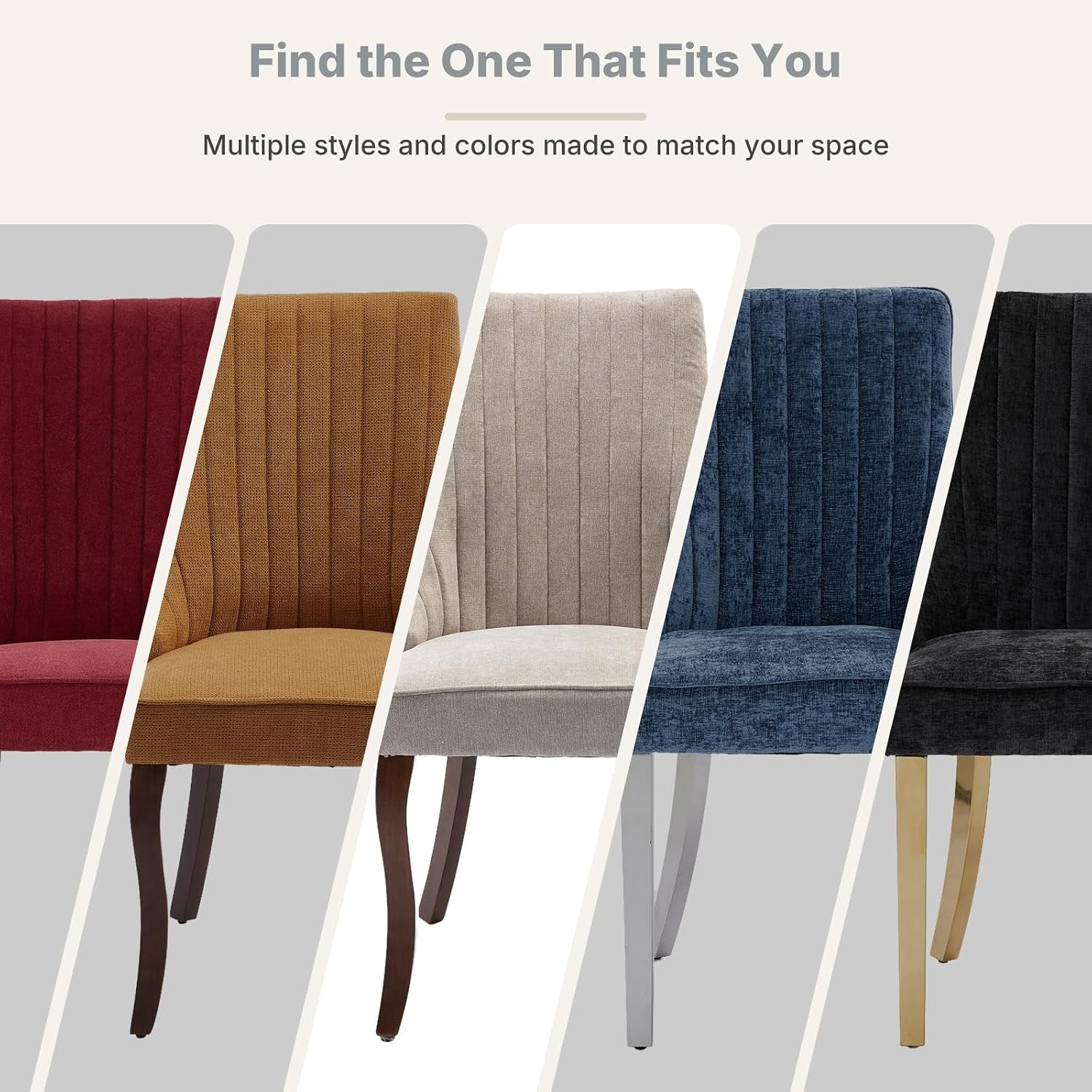 Striped close-ups of five chair backs and legs in different colors and finishes