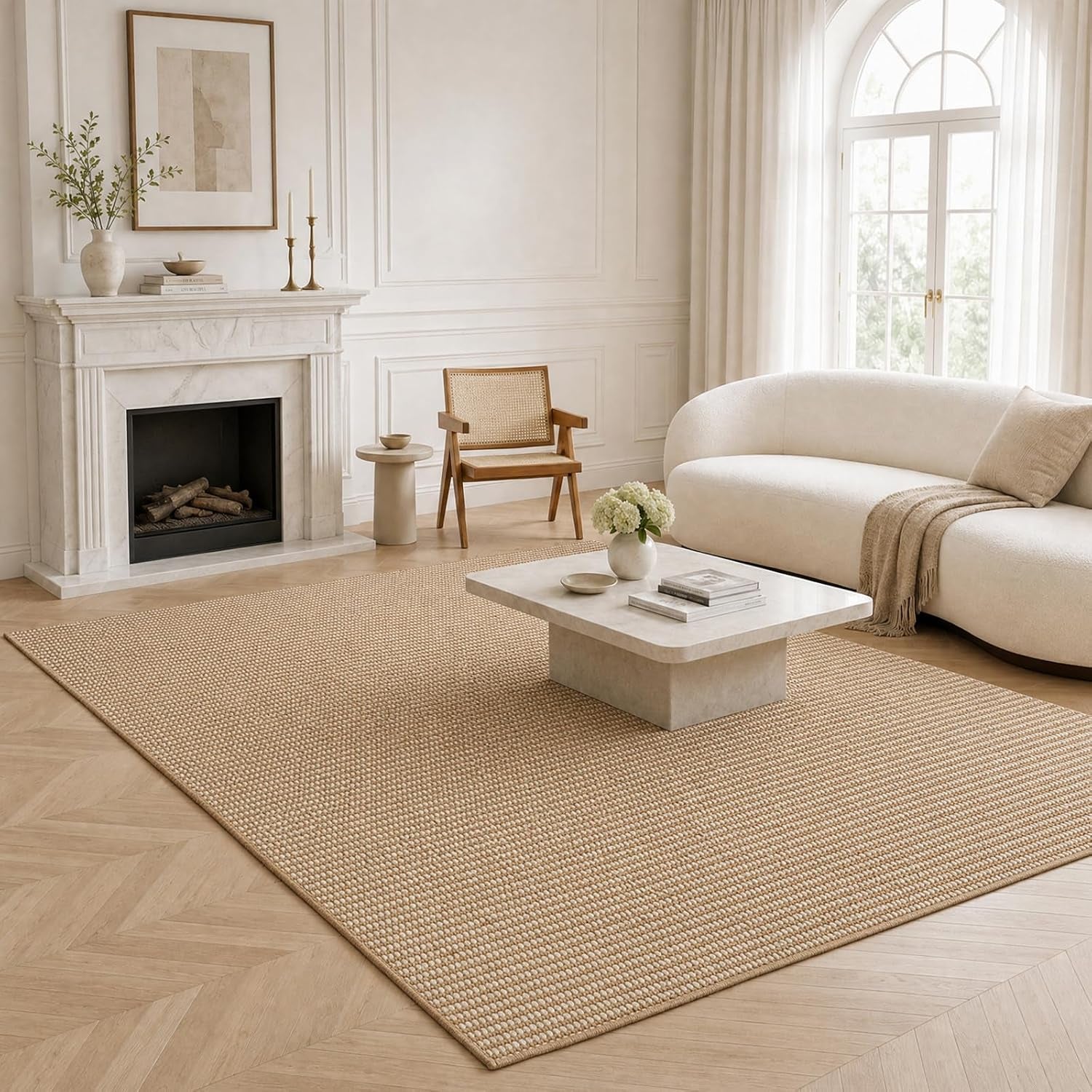 Bright living room with a tan jute-style rug beneath a low stone coffee table and curved cream sofa.
