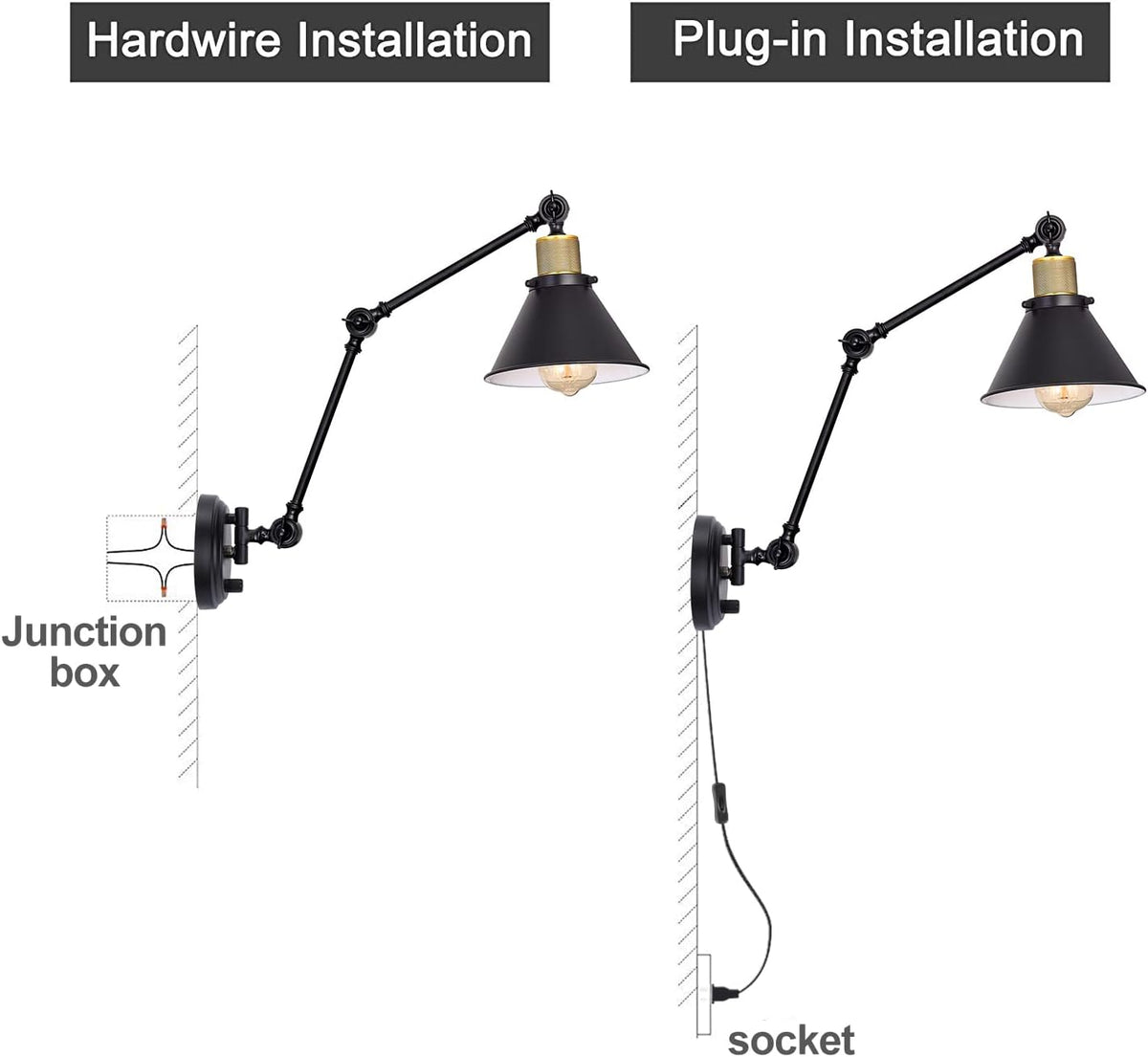 Installation diagram comparing hardwire to a junction box and plug-in installation to a wall socket