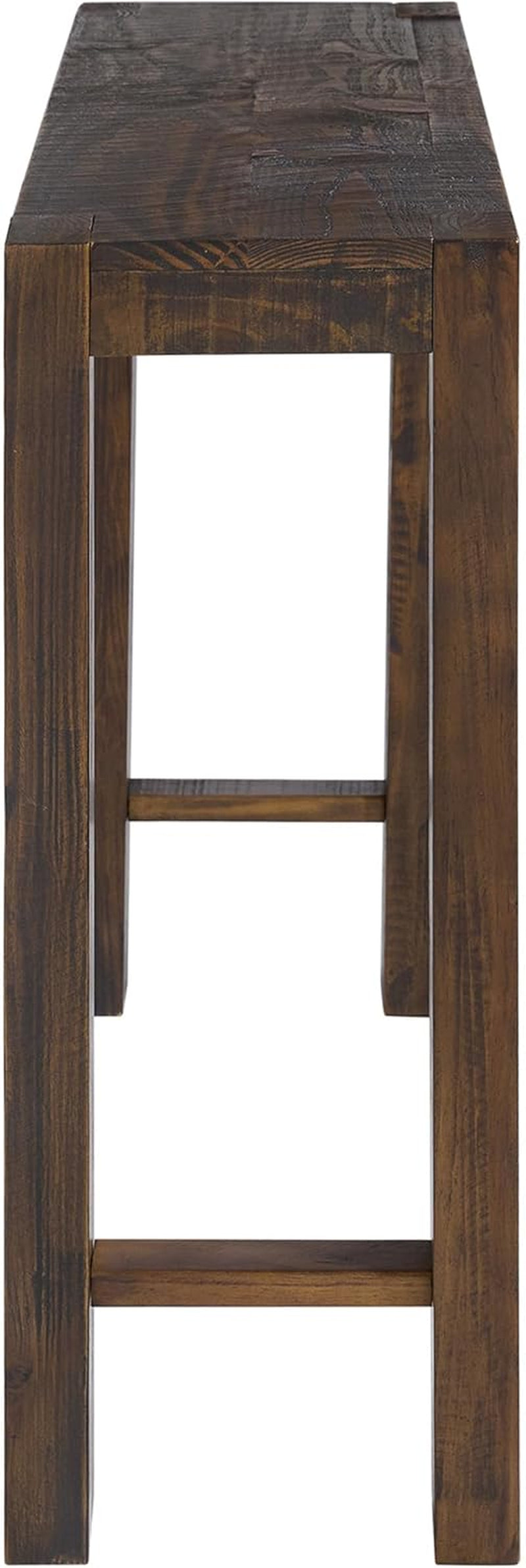 Tall narrow side view showing one leg pair and two horizontal stretchers under the tabletop.
