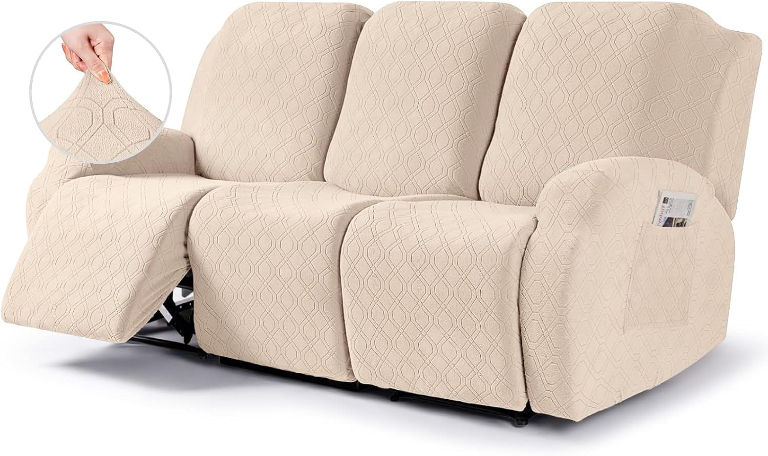 Full three-seat reclining sofa covered in a textured beige slipcover with the left footrest extended and a fabric-stretch