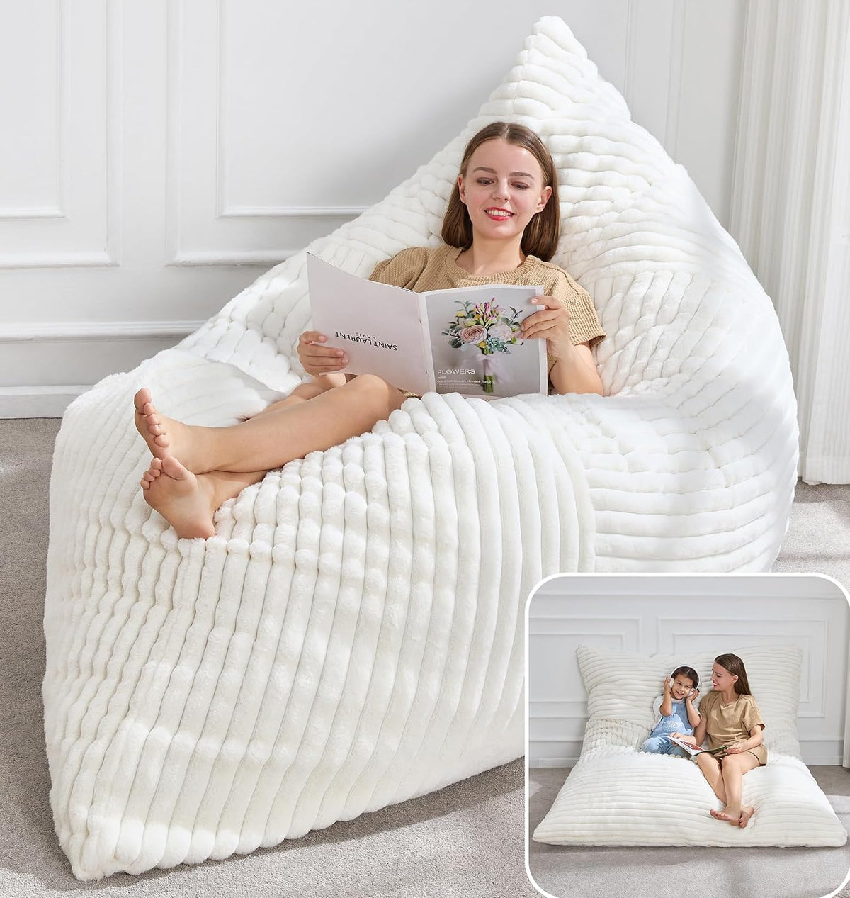 Woman lounging on a ribbed white memory-foam bag chair reading a magazine in a bright room.