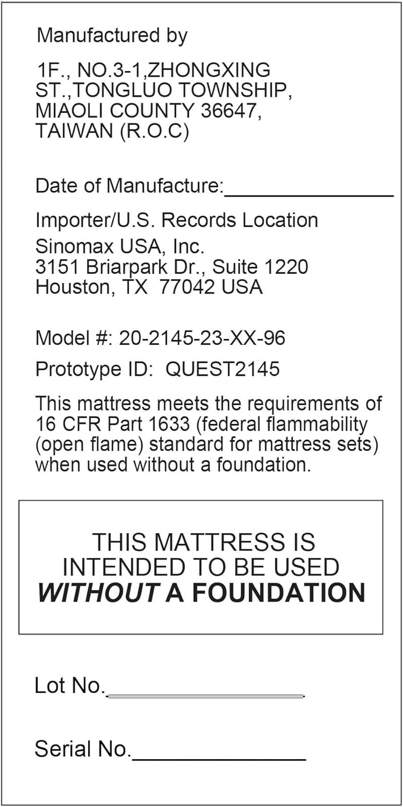 Close-up of a rectangular printed mattress label with multiple lines of manufacturer and safety text.