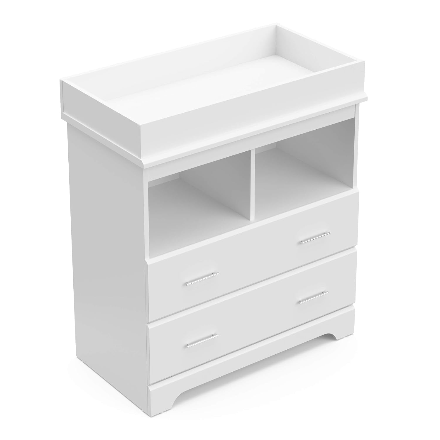 High-right perspective showing the raised removable changing topper and the chest's right side panel and drawers.
