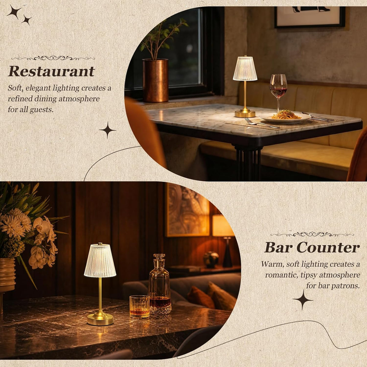 Small gold cordless table lamp lit on a bar counter in a dim restaurant setting showing ambient lighting effect