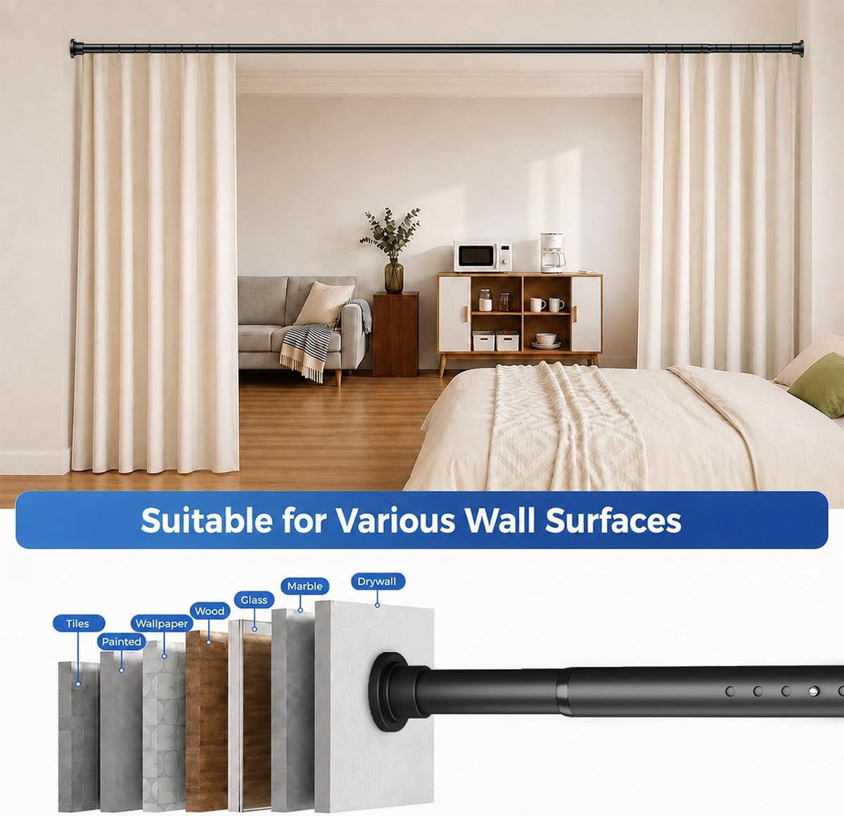 Black tension rod installed across a wide living-area opening with a banner noting suitability for various wall surfaces.