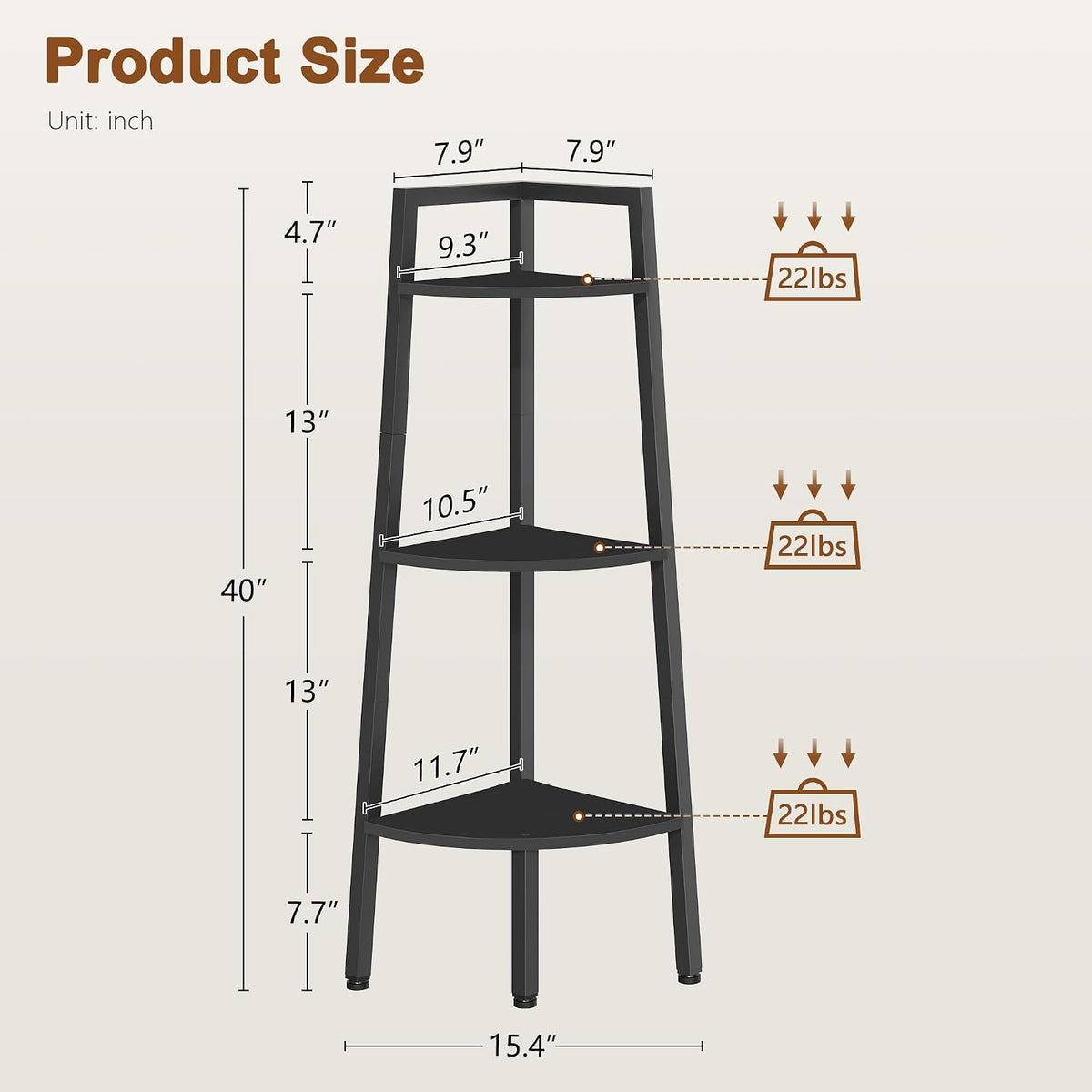 Diagram view of the shelf with tier spacing and a 40-inch height callout for the black 3-tier configuration