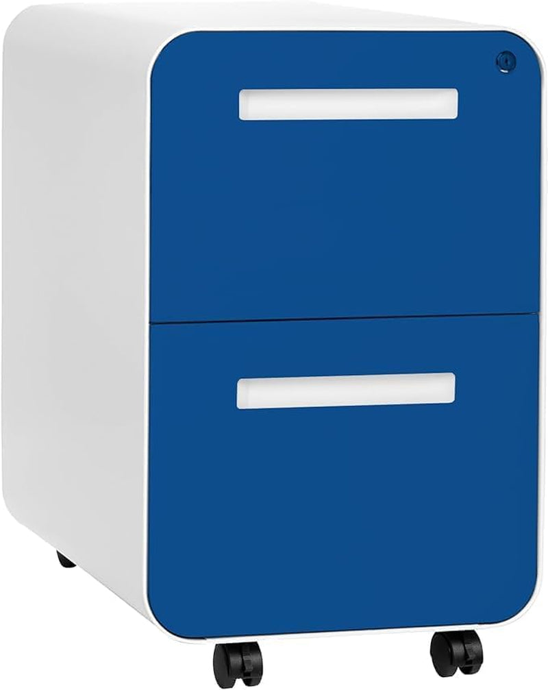 Two-drawer mobile file cabinet with white sides and bright blue drawer fronts on black casters.