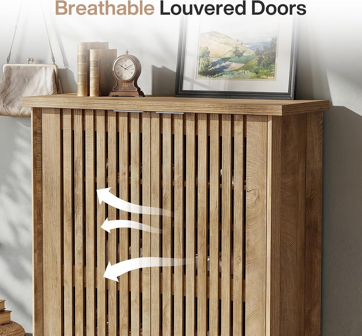 Close-up of louvered slatted doors showing ventilation with airflow illustration