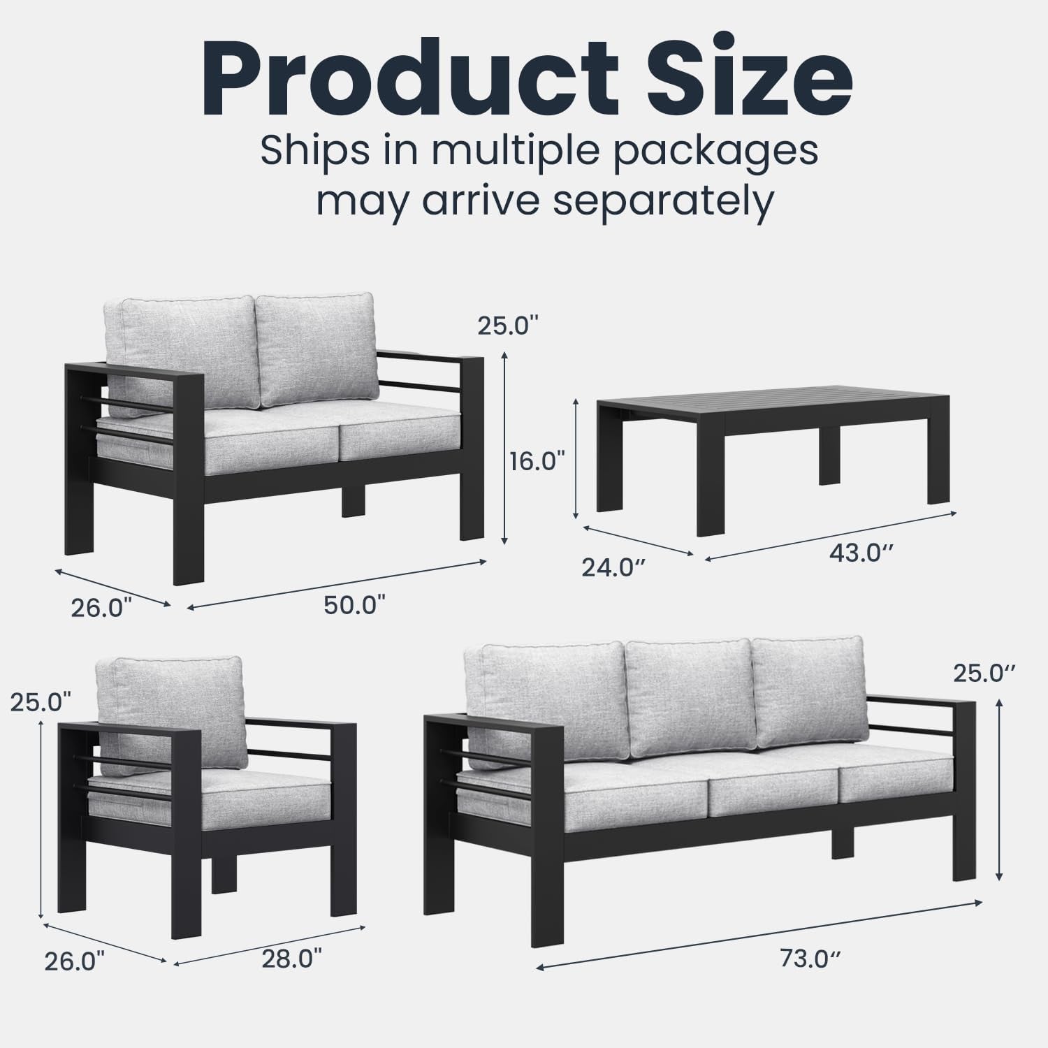 Graphic diagram showing measured dimensions for sofa, chair and coffee table pieces.