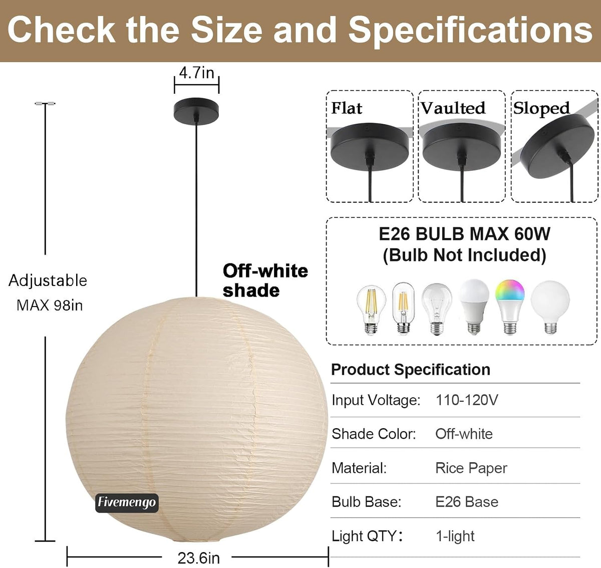 Diagram showing 23.6in off-white paper shade, adjustable cord to 98in and three canopy style options