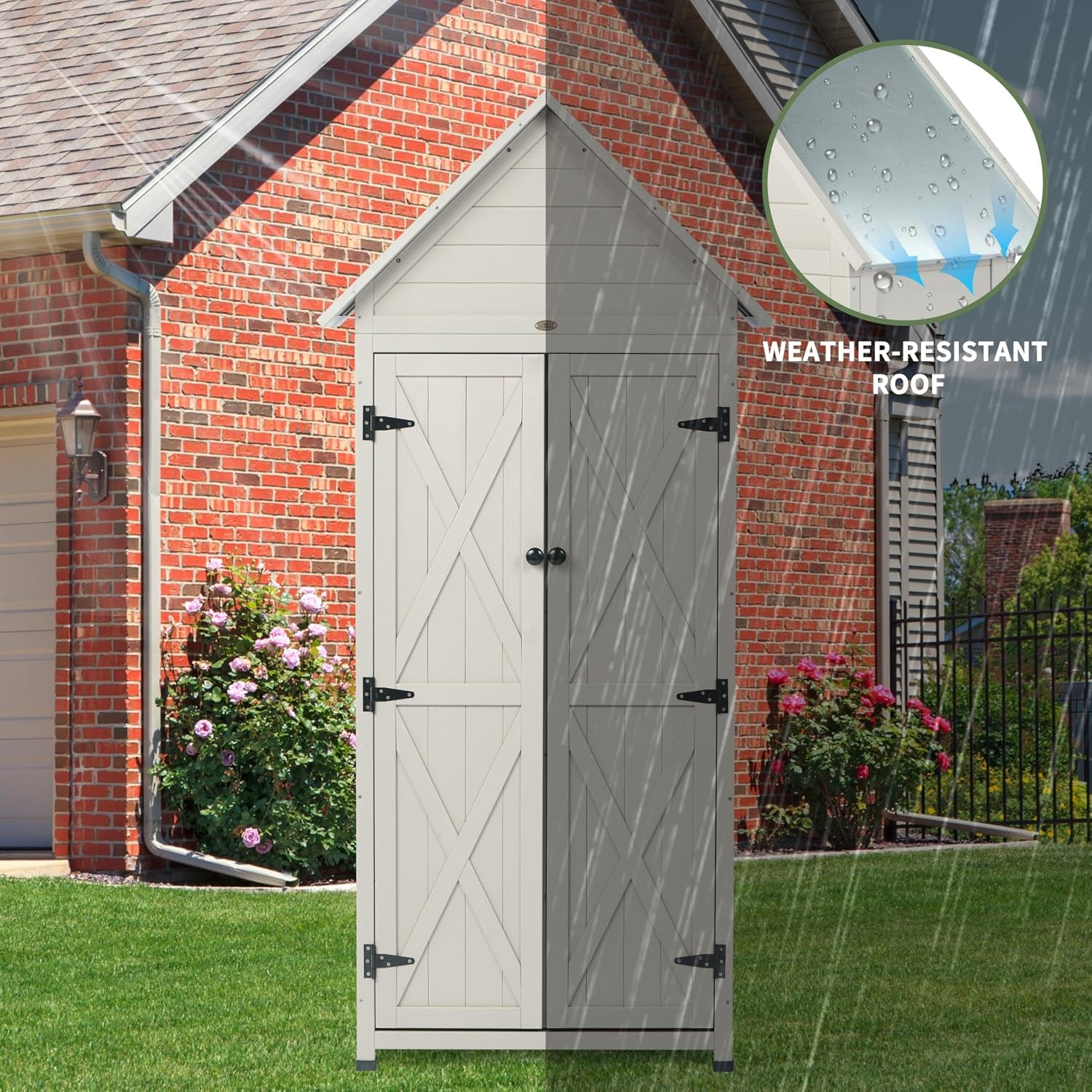 Gray outdoor cabinet against a brick wall in rain with inset close-up of water beading on the pitched roof