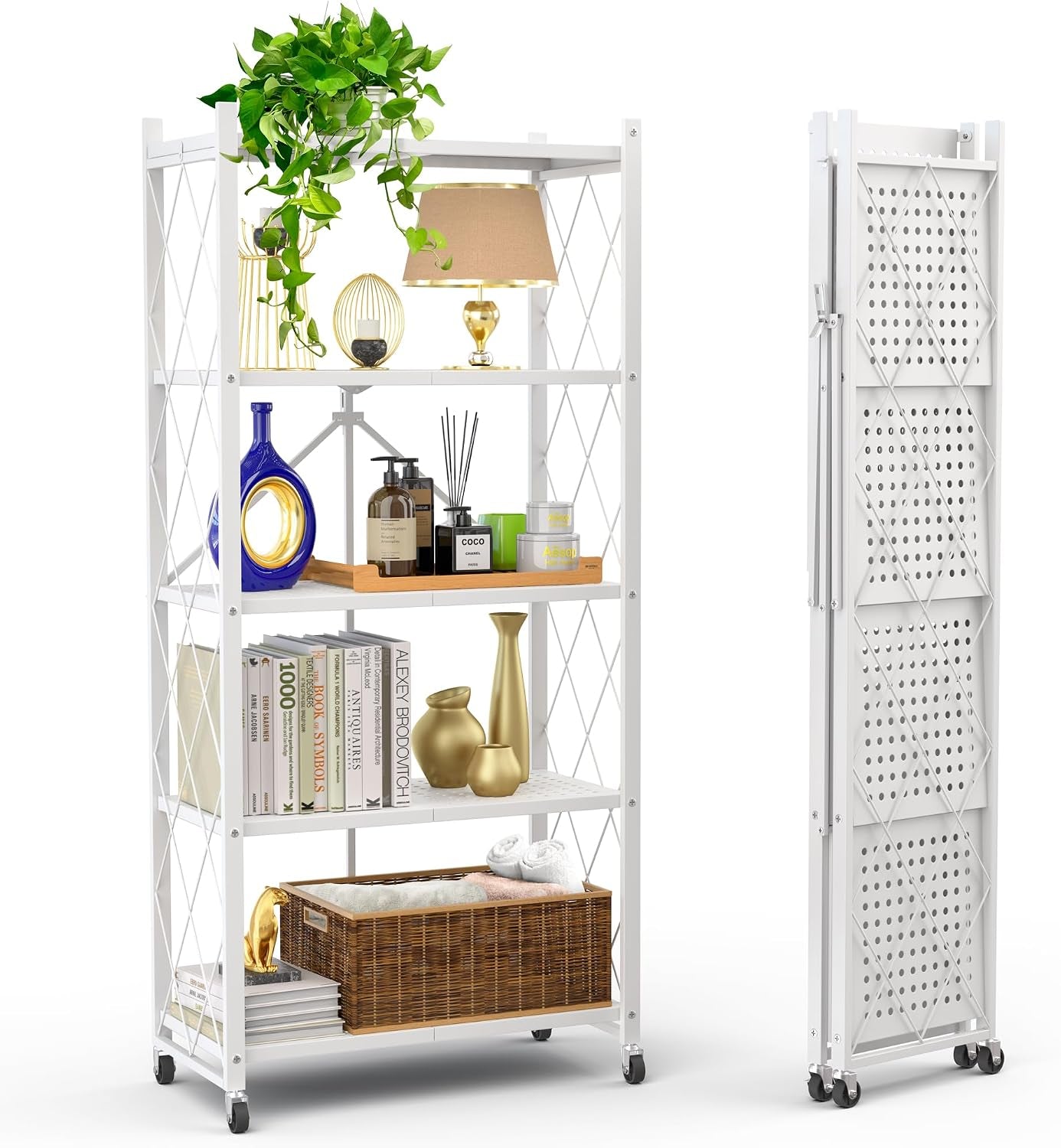 White shelf shown assembled at left and folded flat at right, both on caster wheels