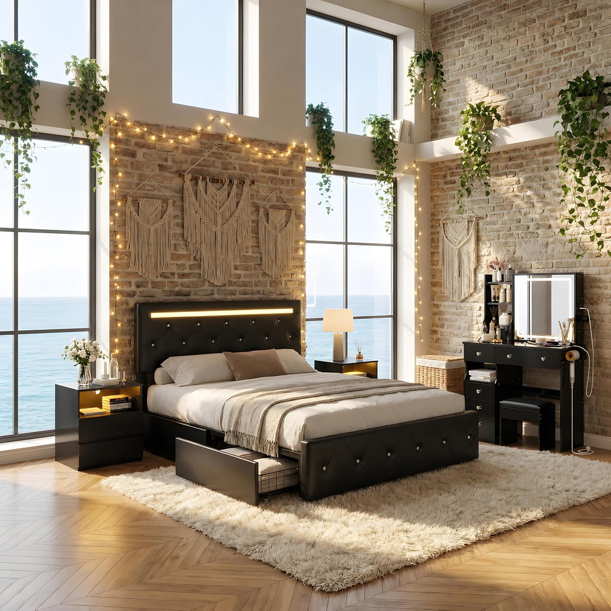 Cozy bedroom with a black tufted bed, two black nightstands and a matching black vanity