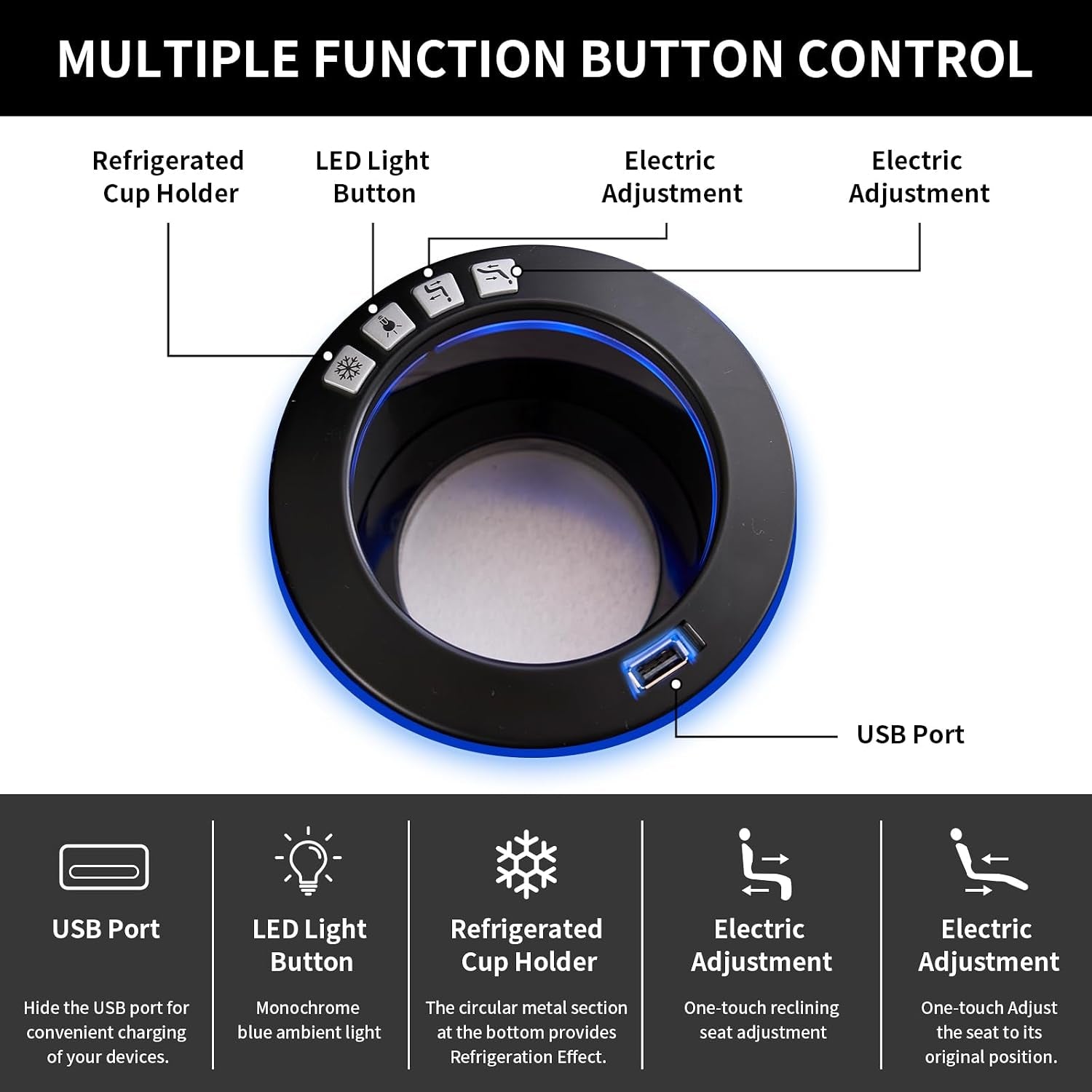 Top-down view of cup holder ring with blue LED trim, control buttons and a visible USB port