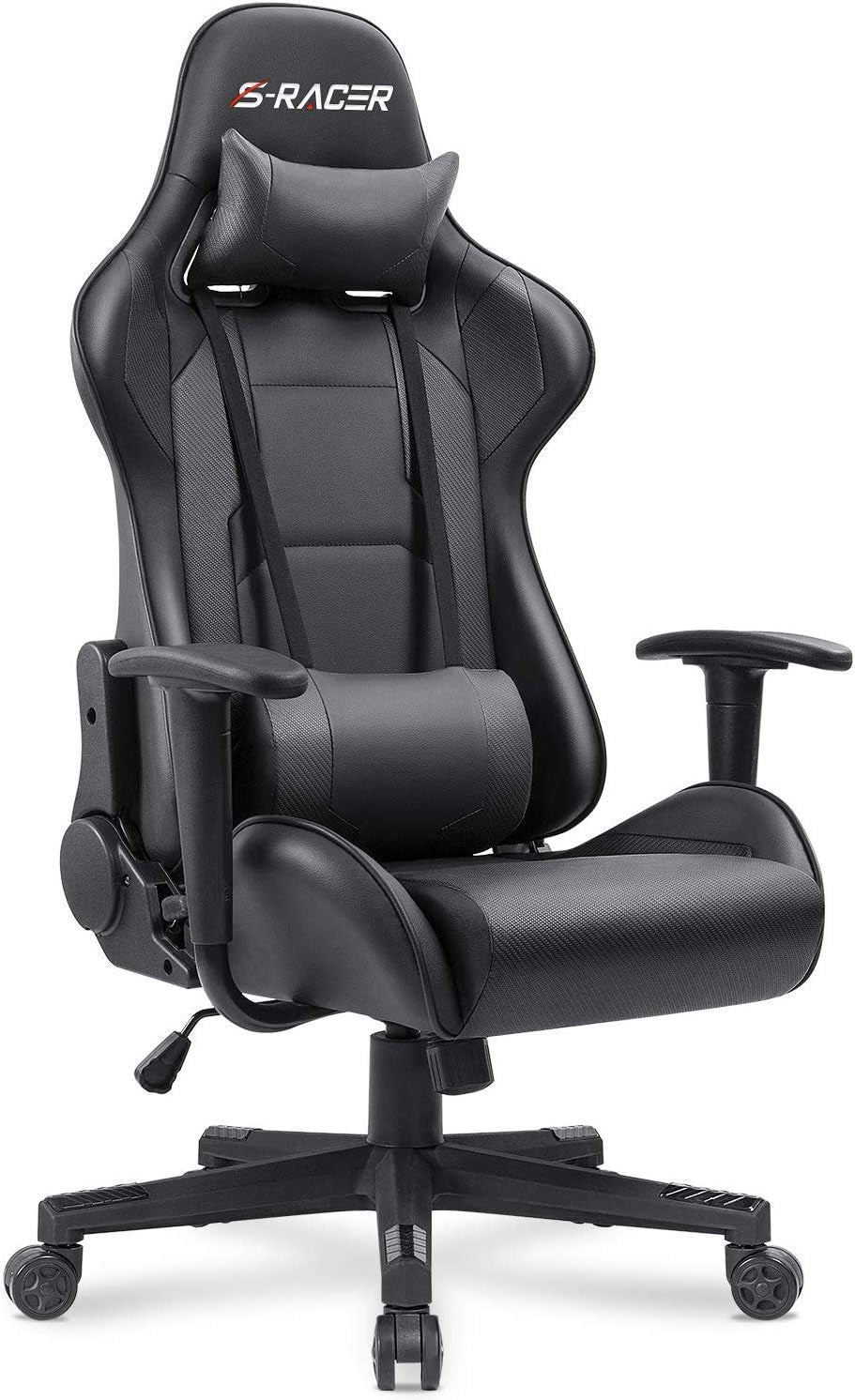 Black racing-style office chair shown at slight angle with head pillow and lumbar cushion