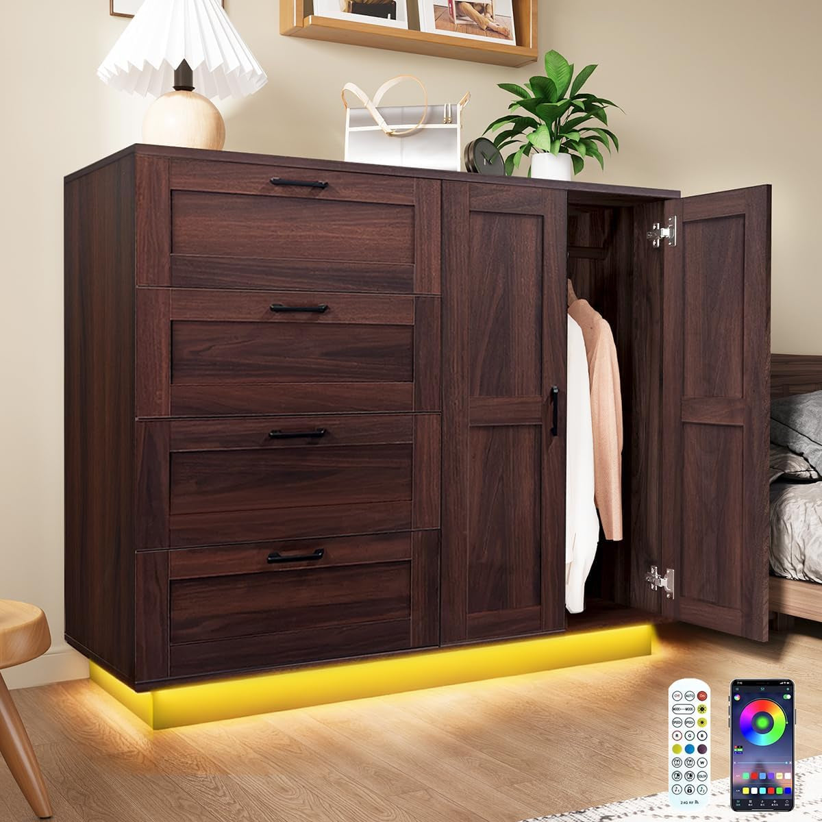 Side-front detail of dark wood armoire showing four drawer fronts, a lamp, plant and purse on top, yellow LED base.