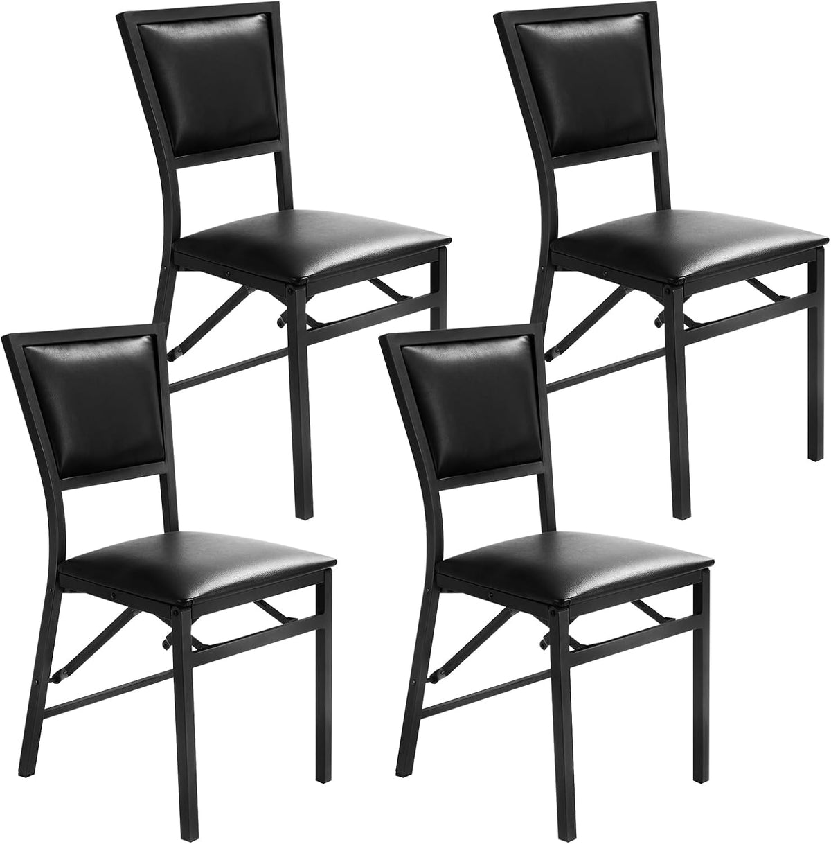 Black parson-style folding dining chairs close-up front three-quarter view on white background