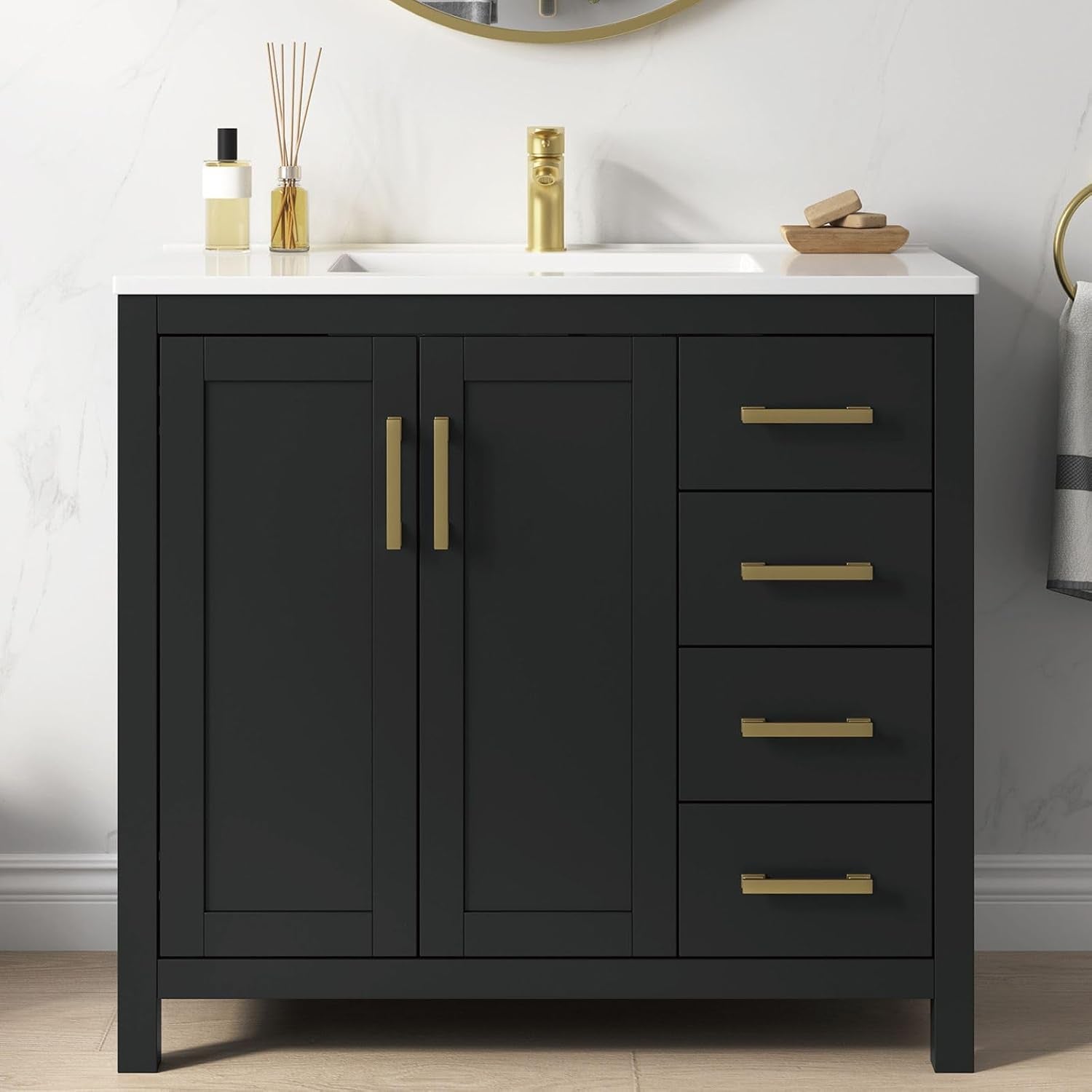 Front view of a black bathroom vanity with two center doors and four stacked drawers on the right.