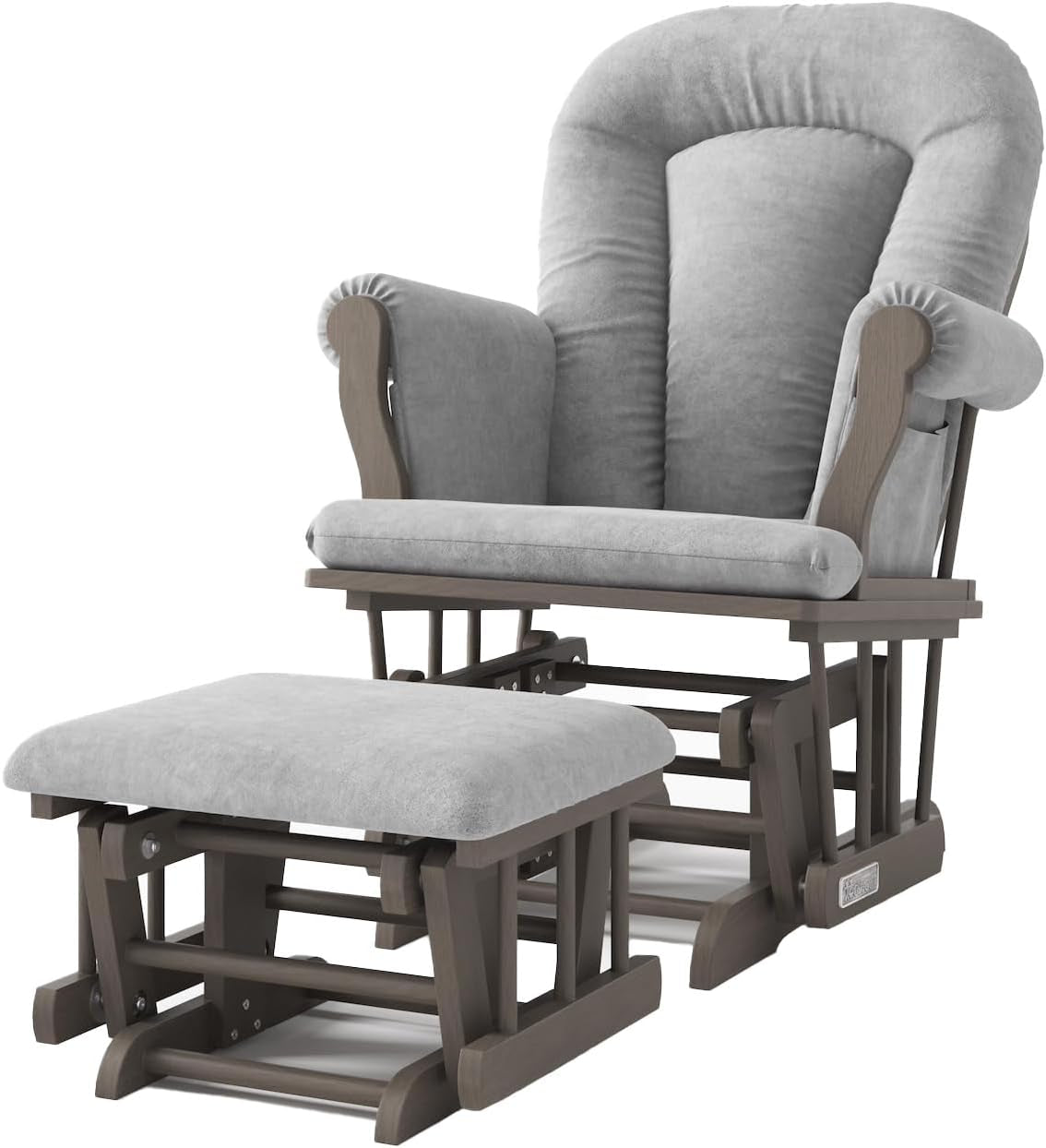 Alternate finish glider and ottoman with dark wood frame and light gray cushions shown at an angle.