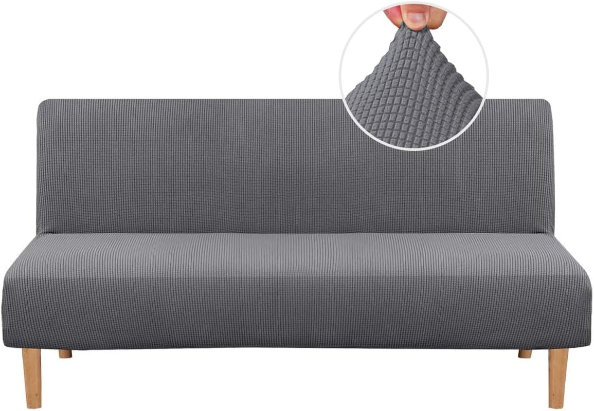 Front view grey futon slipcover with inset close-up showing small-check knit texture and fabric stretch
