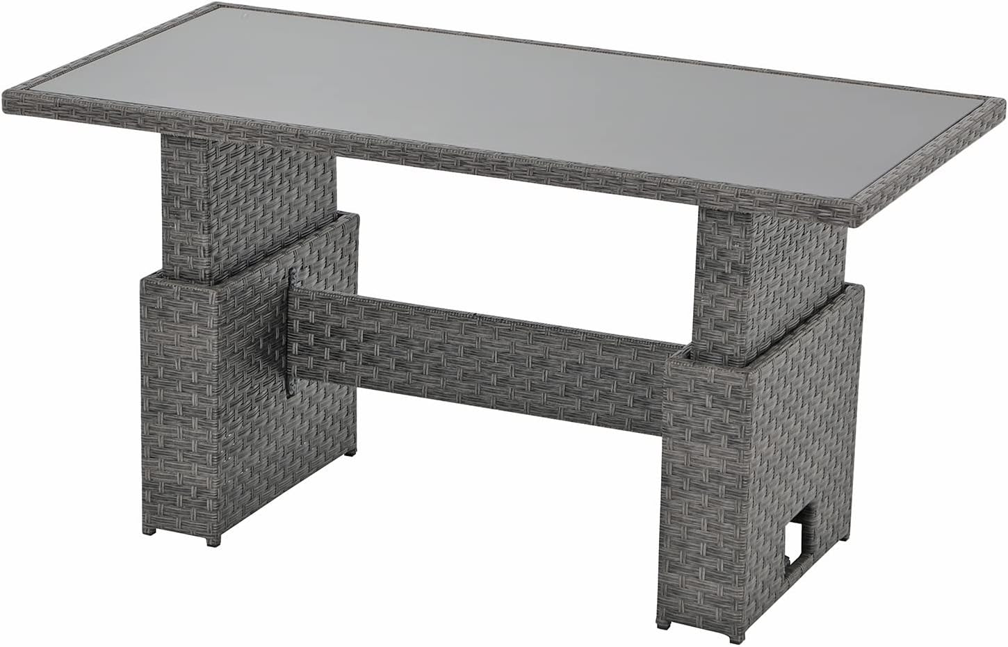 Grey resin wicker lift-top rectangular table with glass top on a white background, angled studio view
