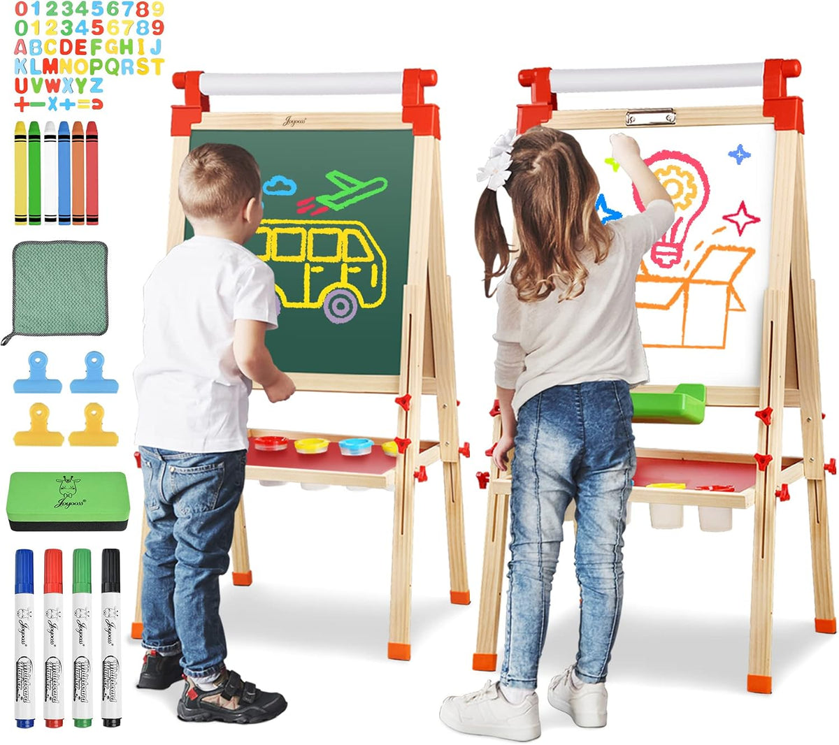 Front view of two wooden kids easels with children drawing and included markers, clips and accessories